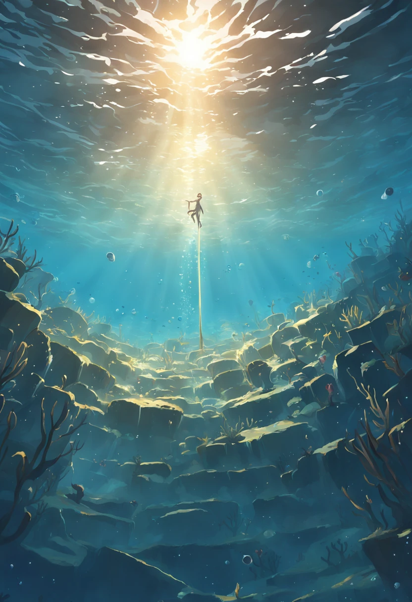 (((show a CHROME ANCHOR stuck at the bottom of a DEEP Ocean floor))) shafts of sunlight filtering through the ocean's surface, illuminating the hidden world beneath, create a captivating underwater scene. vertical panorama, Ultra Wide View. UHD, masterpiece, award winning photo, expansive landscape photograph , (a view from below that shows sky above and open field below),
