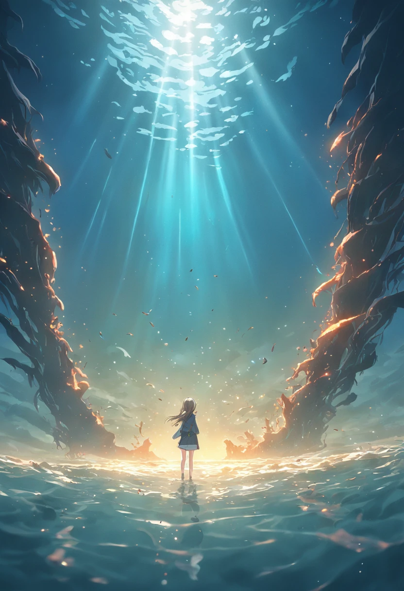(((show a CHROME ANCHOR stuck at the bottom of a DEEP Ocean floor))) shafts of sunlight filtering through the ocean's surface, illuminating the hidden world beneath, create a captivating underwater scene. vertical panorama, Ultra Wide View. UHD, masterpiece, award winning photo, expansive landscape photograph , (a view from below that shows sky above and open field below),