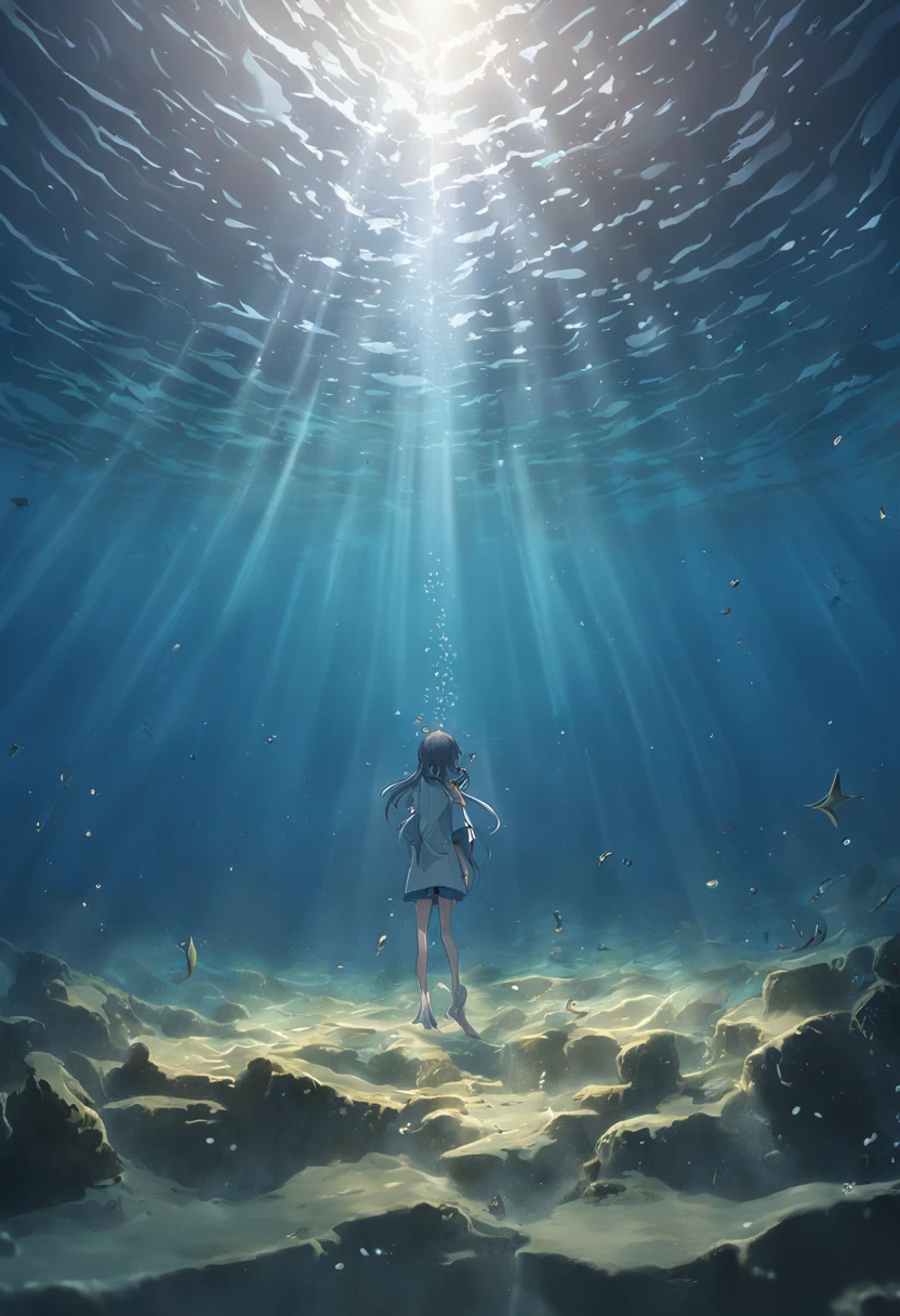 (((show a CHROME ANCHOR stuck at the bottom of a DEEP Ocean floor))) shafts of sunlight filtering through the ocean's surface, illuminating the hidden world beneath, create a captivating underwater scene. vertical panorama, Ultra Wide View. UHD, masterpiece, award winning photo, expansive landscape photograph , (a view from below that shows sky above and open field below),