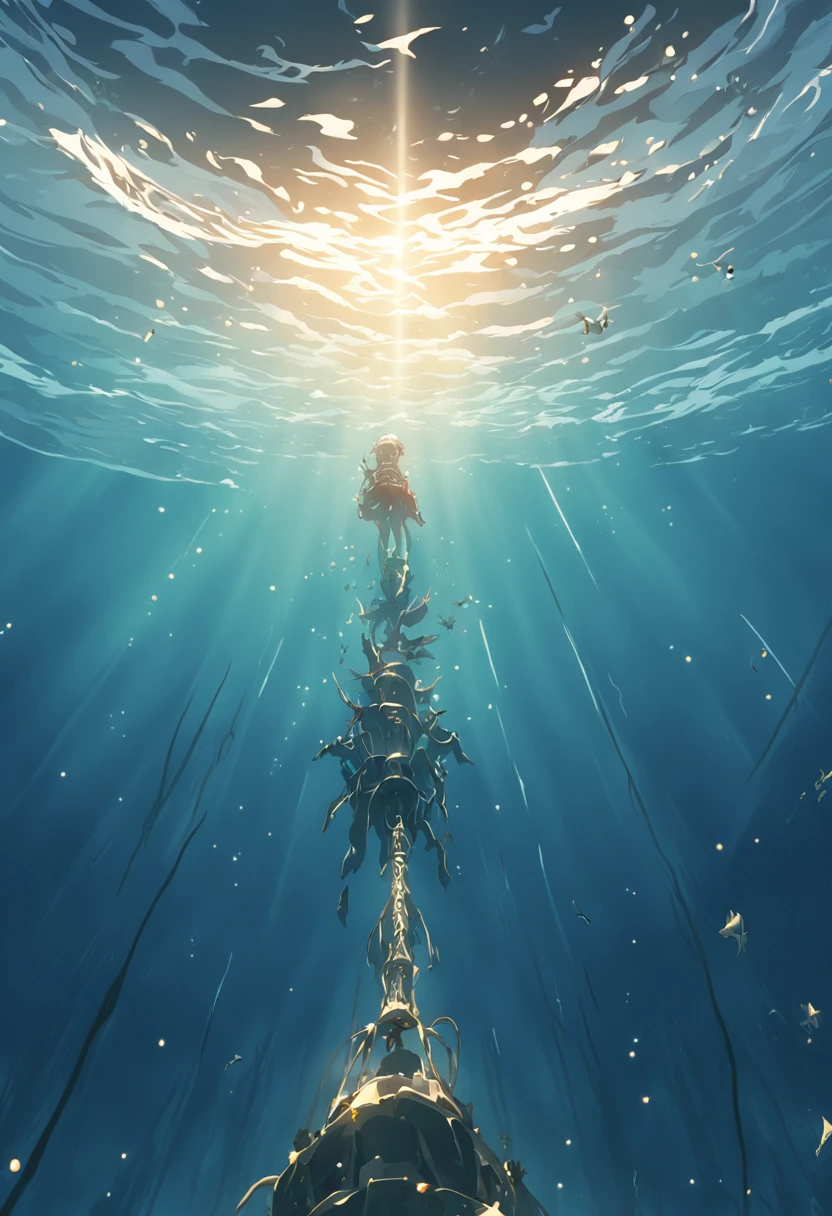 (((show a CHROME ANCHOR stuck at the bottom of a DEEP Ocean floor))) shafts of sunlight filtering through the ocean's surface, illuminating the hidden world beneath, create a captivating underwater scene. vertical panorama, Ultra Wide View. UHD, masterpiece, award winning photo, expansive landscape photograph , (a view from below that shows sky above and open field below),