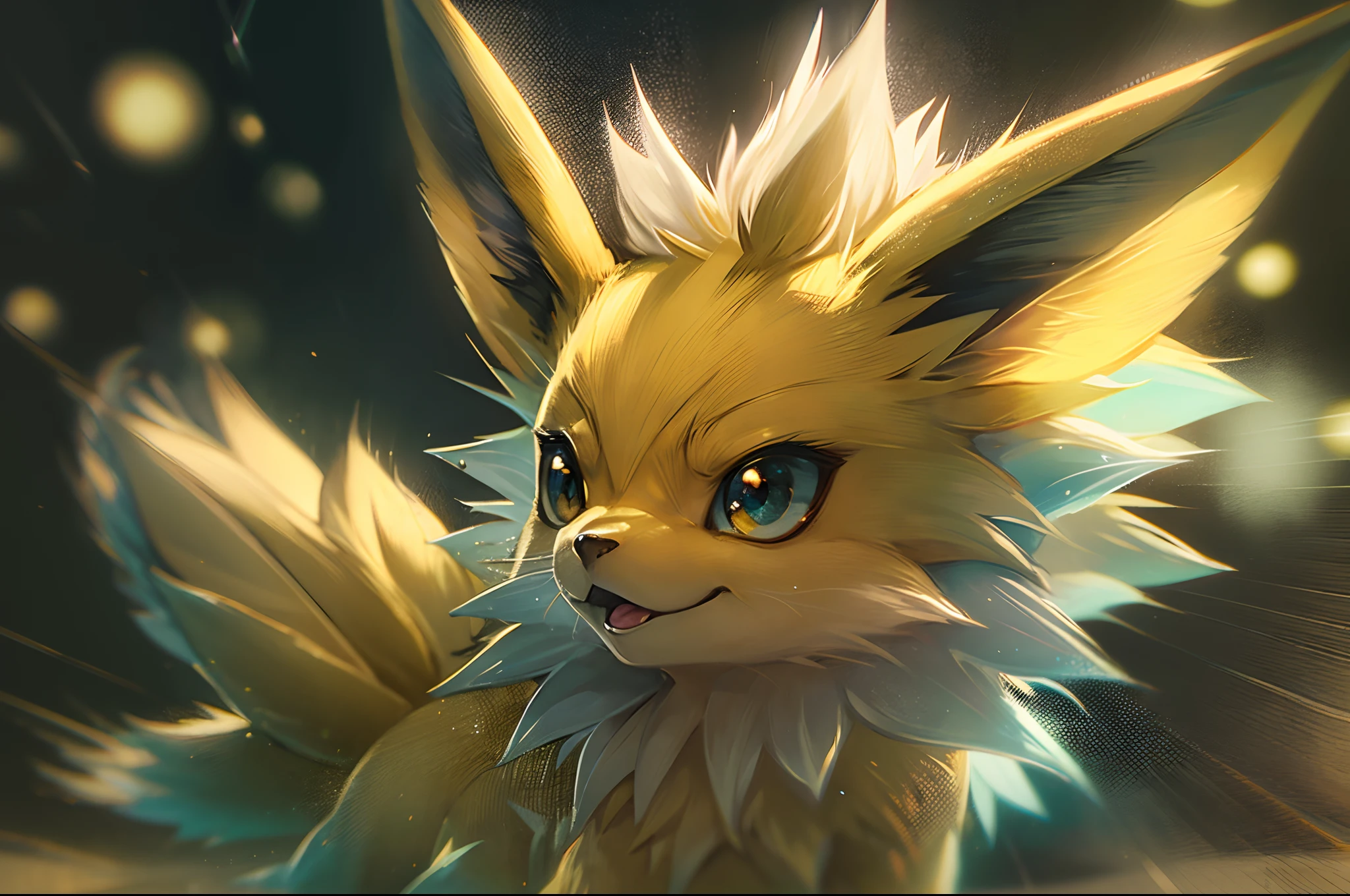 renamon furry, detailed and extremely fluffy body fur, masterpiece, looking up beautiful surroundings, detailed background, happy,