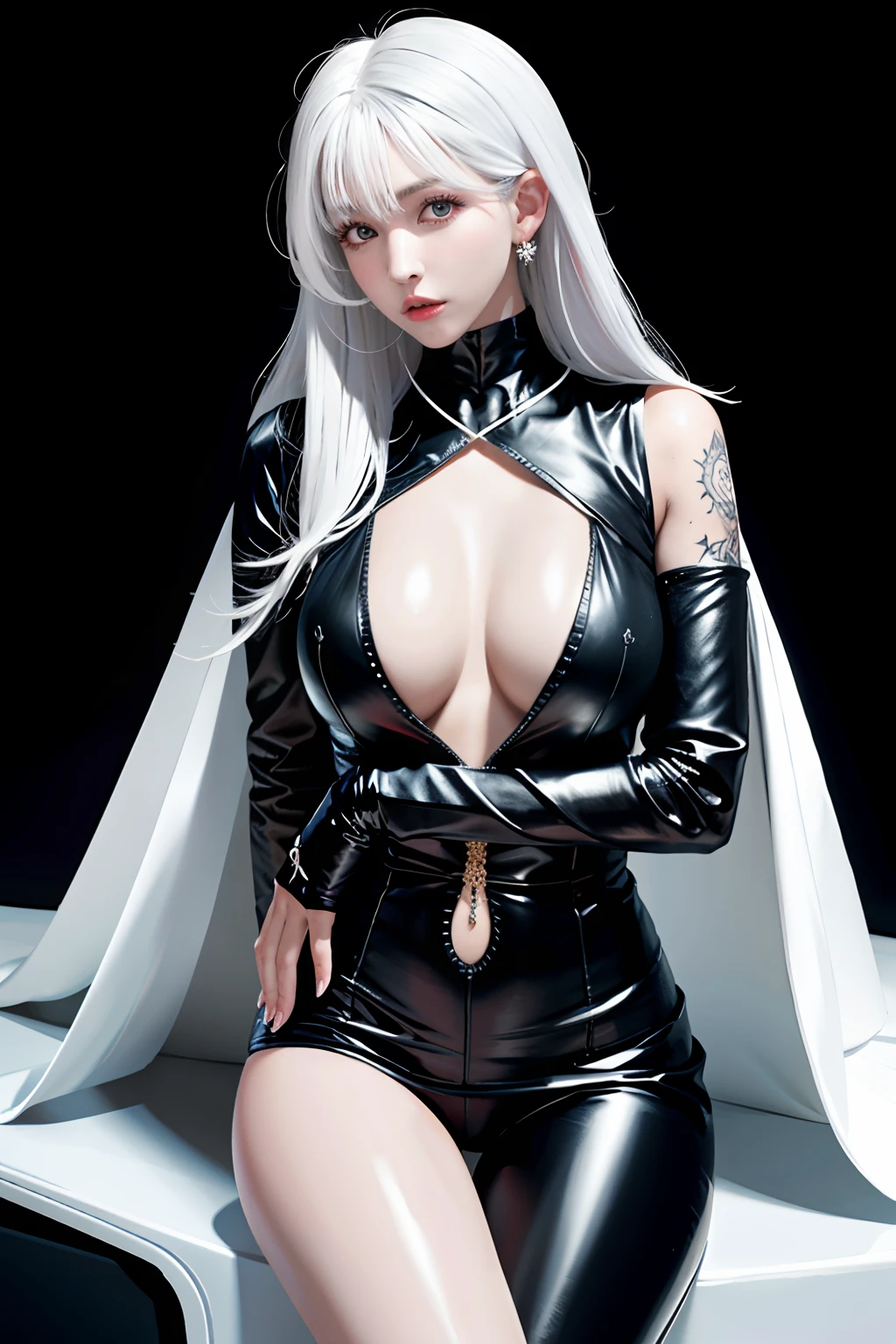 Photorealistic, high resolution, 1womanl, Solo, Hips up, view the viewer, (Detailed face), White hair, Black suit, tattoo, jewelry