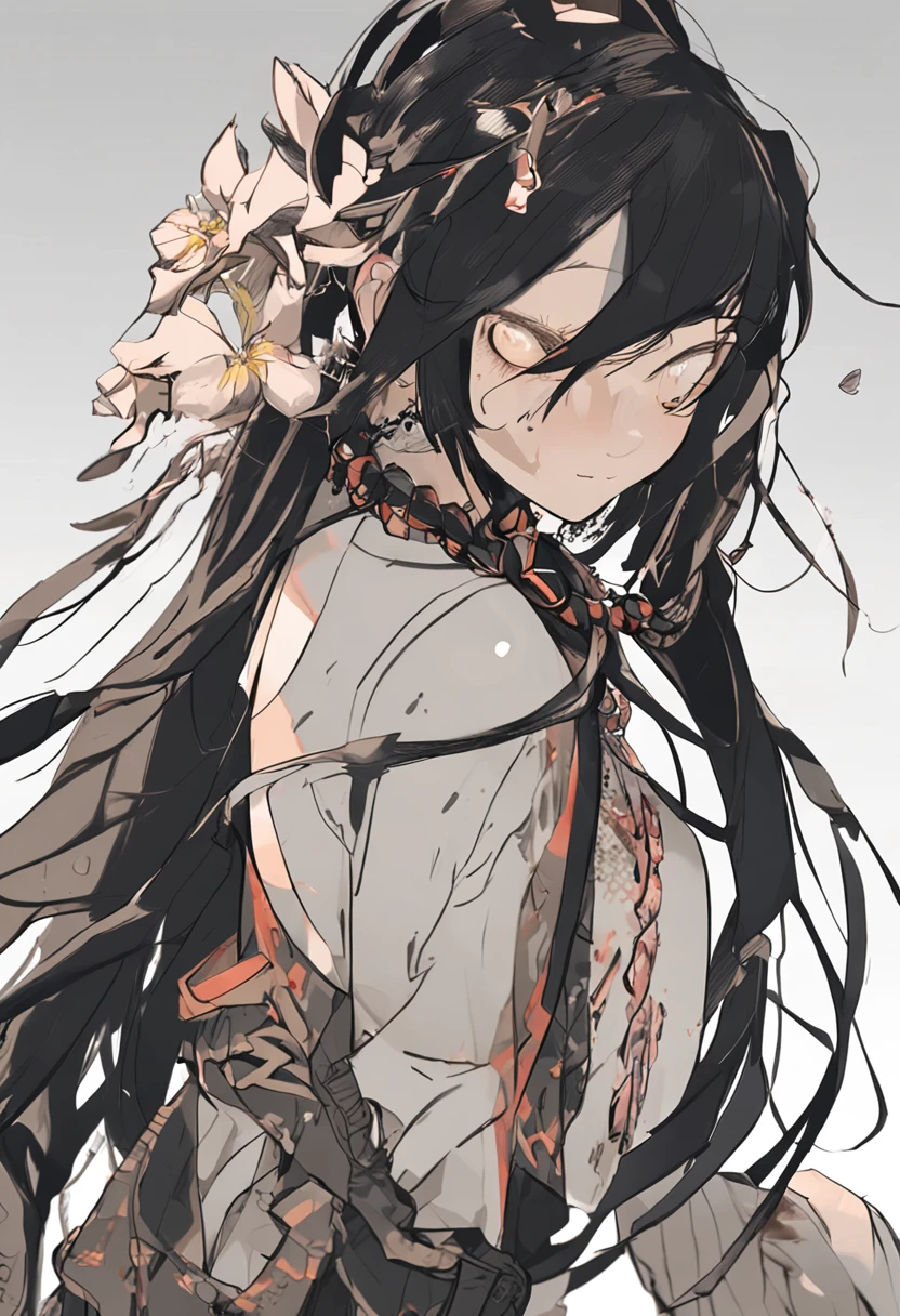 the girl with black hair,Thin stature,Lace-up twisted braid,Long hair,Small face,emaciated,Bare legged,,adolable,Playful,Best quality at best,tmasterpiece,epic exquisite character art, Amazing characters,Modern trend theme,character design(reference sheet:1.5)