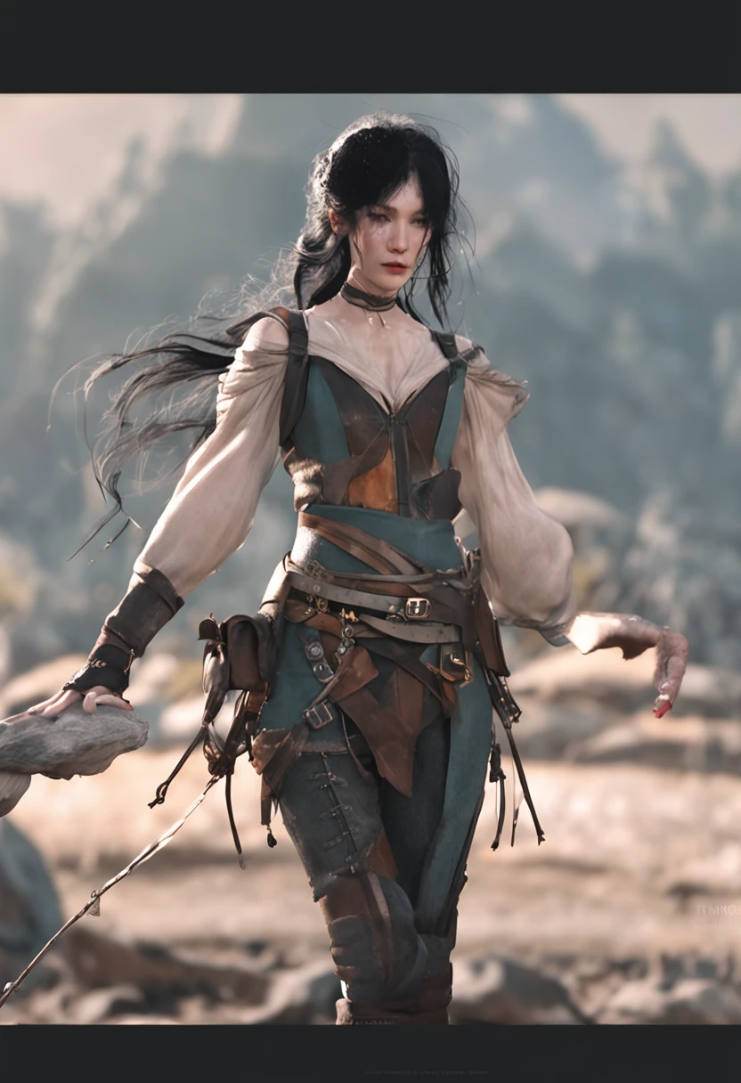 the girl with black hair,Thin stature,Lace-up twisted braid,Long hair,Small face,emaciated,Bare legged,,adolable,Playful,Best quality at best,tmasterpiece,epic exquisite character art, Amazing characters,Modern trend theme,character design(reference sheet:1.5)