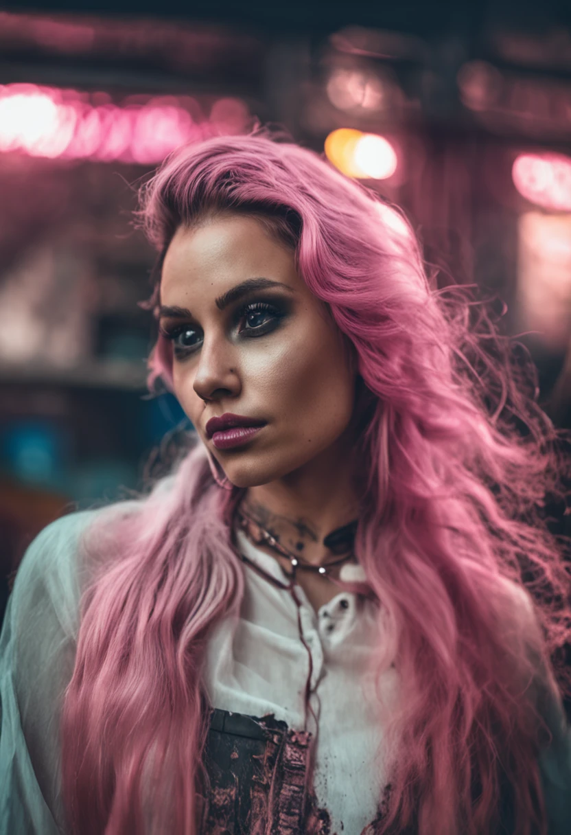 8k,Delicate facial features,ultra-clear,Pink Long Hair,Abandoned factory buildings,tattered torn shirt,blackstockings,Heavy makeup,Smoky makeup,eye shadows,self-shot,looking toward the viewer,ssmile,Tattooed with,cross necklace,the night,
