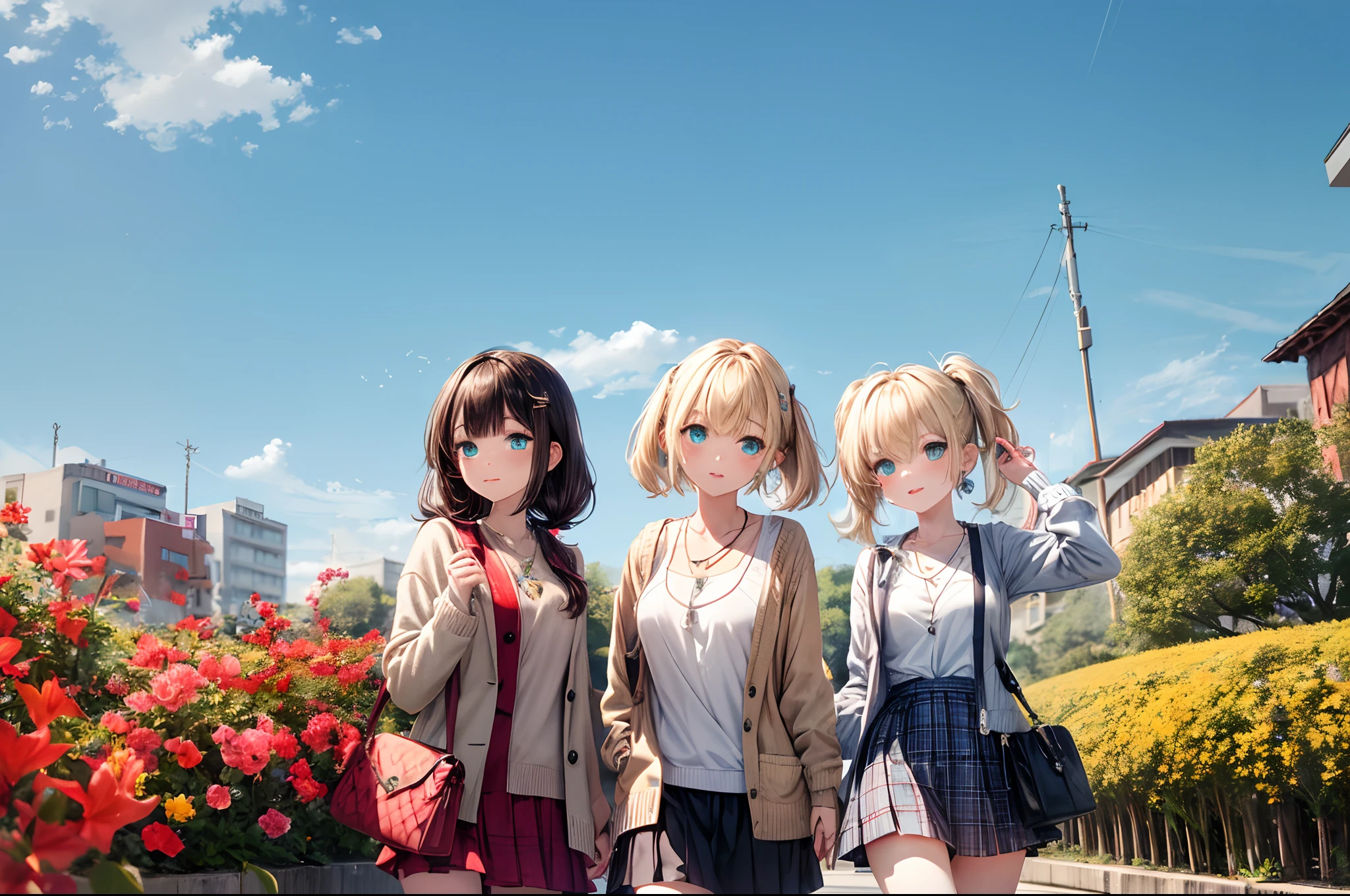 absurderes, (独奏:1.5,)ultra-detailliert,bright colour, extremely beautiful detailed anime face and eyes, view straight on, ;D, shiny_skin,25 years old, Short hair, , asymmetrical bangs, Blonde hair with short twin tails, Shiny hair, Delicate beautiful face, red blush、(Turquoise eyes), White skin, hair clips, earrings, a necklace, Cardigan, Clothes, Brown clothes,skirt by the