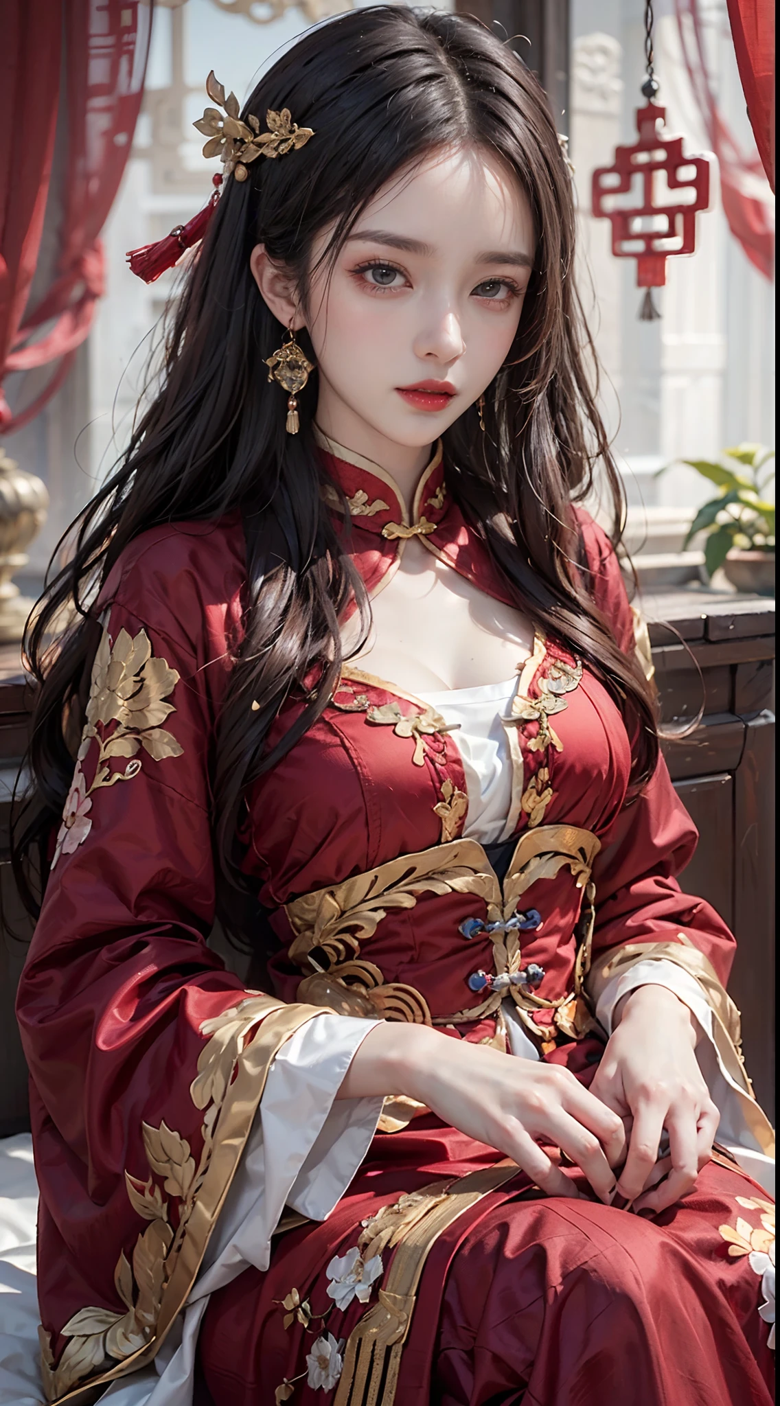 (Ultra-realistic 8k CG: 1.2), perfect artwork, delicate patterns, intricate details, (unparalleled masterpiece, best quality: 1.2), (extremely complex: 1.2), a woman in a red and gold dress, (sitting on a red bed), hips up, makeup, blush, shyness, black hair, looking down, cosmetics, (forehead point), (2 red candles), Chinese_clothes, curtains, earrings,hanfu, interior, jewelry, red nails, long_sleeves, red dress, red lips, tassels, (red quilt), (red palace: 1.2), (ancient Chinese architecture), (red: 1.8), night
