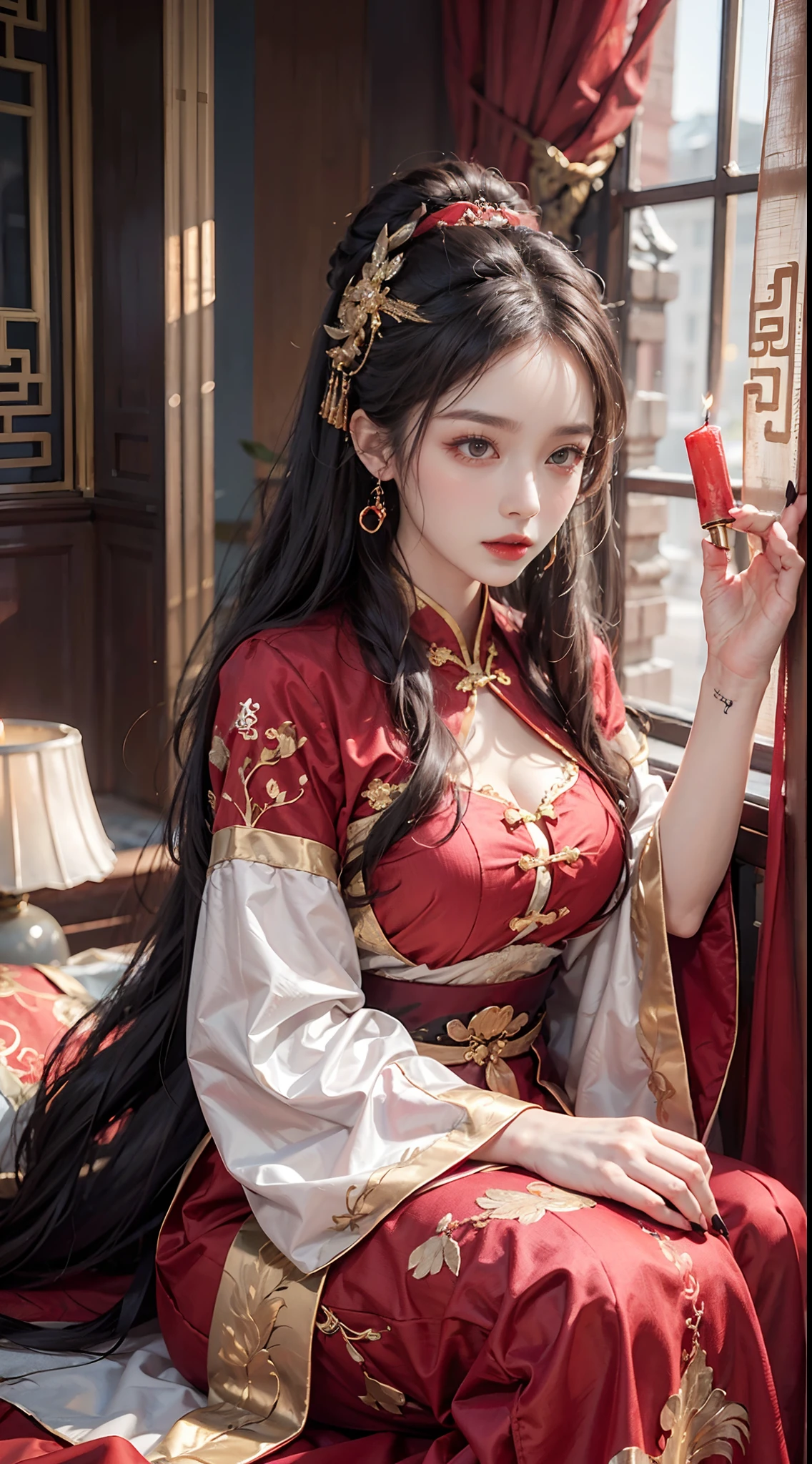 (Ultra-realistic 8k CG: 1.2), perfect artwork, delicate patterns, intricate details, (unparalleled masterpiece, best quality: 1.2), (extremely complex: 1.2), a woman in a red and gold dress, phoenix crown, hair stick, (sitting on a red bed), makeup, blush, shyness, black_hair, looking down, cosmetics, (forehead point), (2 red candles), Chinese_clothes, curtains, earrings, hair_ornament,hanfu, interior, jewelry, red nails, long_sleeves, red dress, red lips, tassels, (red quilt), (red palace: 1.2), (ancient Chinese architecture), (red: 1.8), night