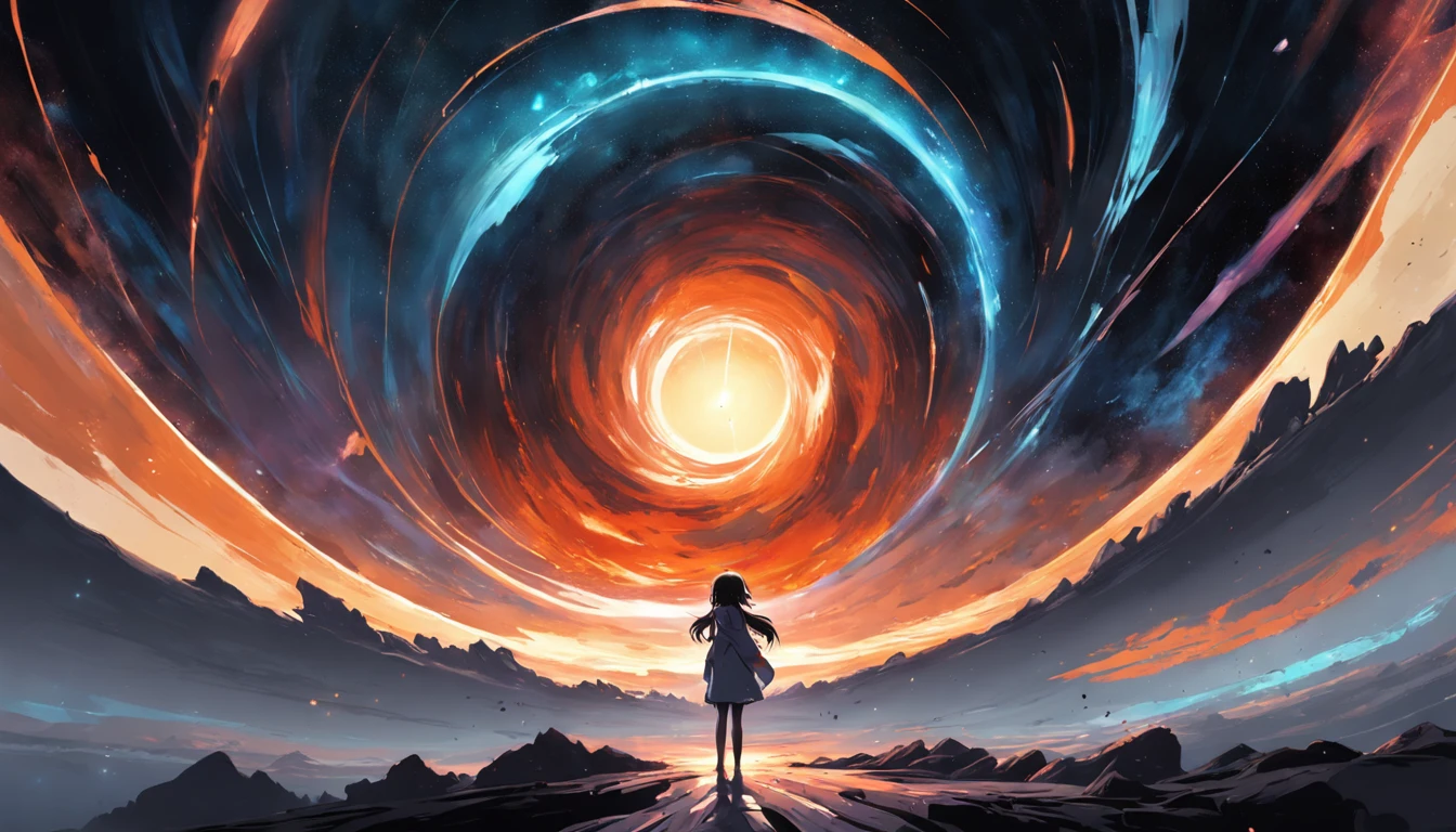 Visualize a daring space explorer approaching the edge of a black hole, Where time and space distort in a captivating way. Conveying an exhilarating yet dangerous journey into the unknown