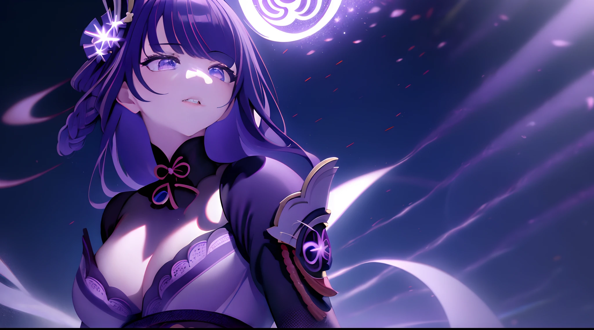 1girl, Roupas japonesas,Raiden Shogun, rabo-de-cavalo ,cabelos roxo, Purple eyes, Magical Circle, raio roxo, aura roxa, papel de parede, Landscape, sangue, respingos de sangue, profundidade de campo, Noite, light particles, raios de luz, side-lighting, Coxas, destino \(Series\), Impacto Genshin, ****, jaqueta aberta, saia, coxas, Cloud