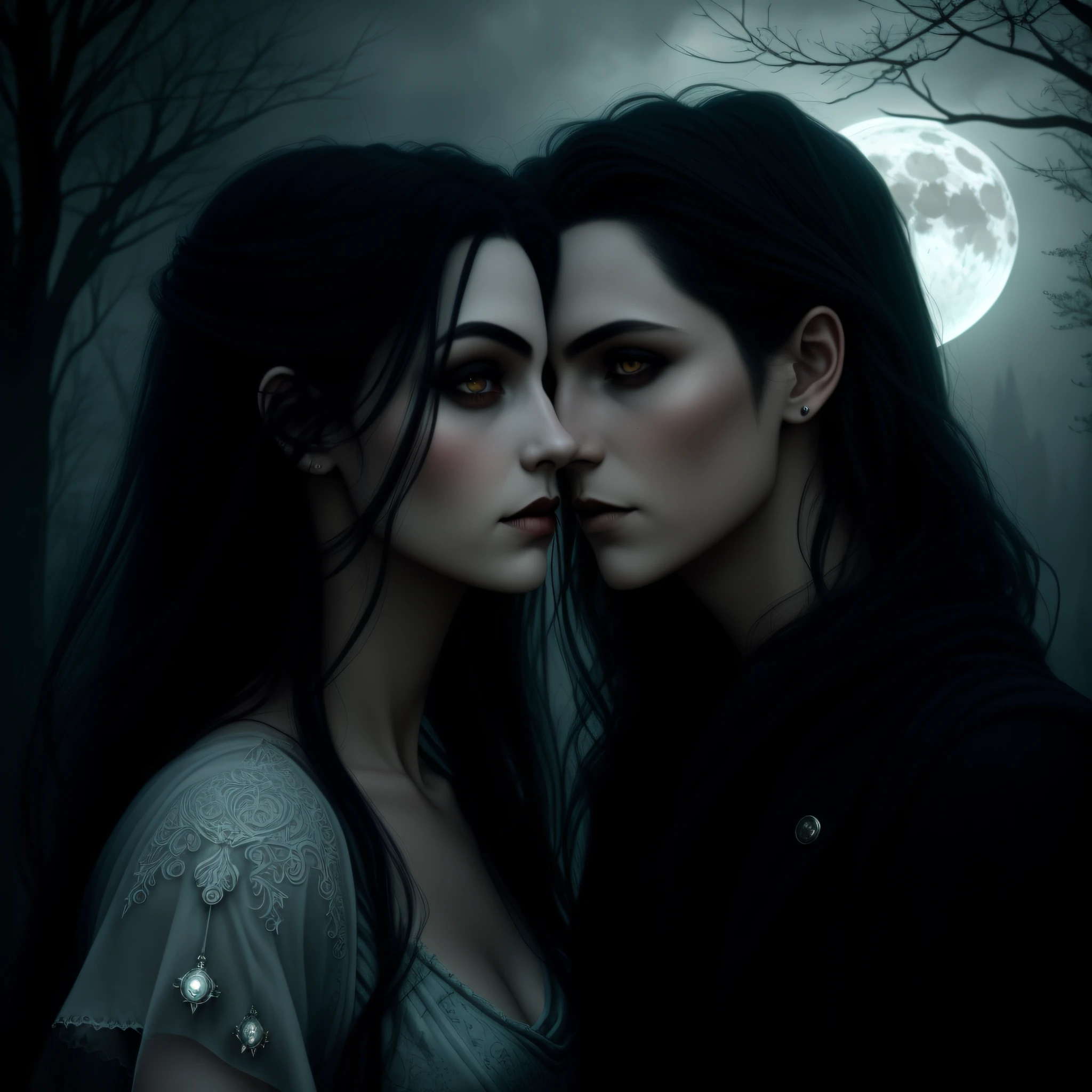 gothic couple in moonlight with full moon behind them, vampires fantasy, gothic romance, darius zawadzki and tom bagshaw, charlie bowater and tom bagshaw, artstyle tom bagshaw, dark and gothic, kramskoi 4 k, gothic harts, dark fantasy mixed with realism, style of tom bagshaw, charlie bowater and artgeem, Enchanting, Auroracore, Inkjet Printed, full body shot, V-Ray rendering, Flat, badge, loud colors, Greaser, Laser Show lighting, Hyperrealistic textures, intricate details, architectural visualization, Corona render, 8k