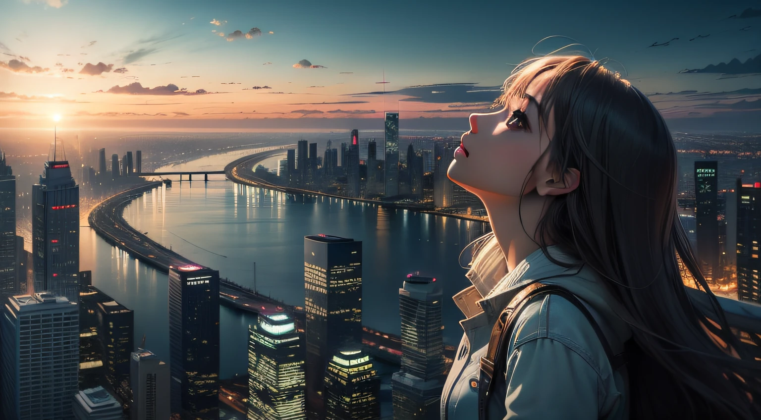 Highest quality horizontal composition, a person looking up at the brilliant city skyline cinematic light