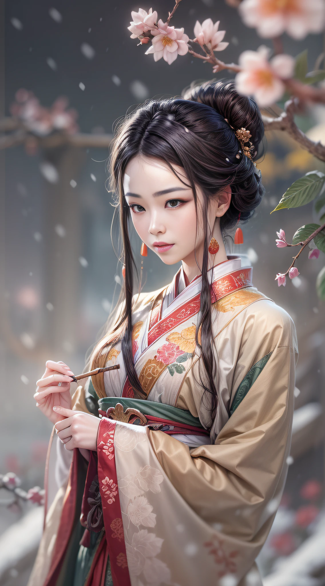 （Blurred foreground：It was snowing heavily：2.0，），（Plum blossoms fall：1.6），（Chinese Song dynasty beauties danced everywhere），（Realistis，realisticlying，anatomy correct，Asian star face，ssmile，The hands and face are very delicate and clear），（Stand in the middle of a quaint courtyard，Plum tree，Song dynasty winter clothing）， (wind: 1.5)（wide angles，Ultra HD details，Masterpiece, hyper HD, Super detail, High details, Best quality, A high resolution, Award-Awarded, 8K），（Chinese premium color scheme，lightand shade contrast，电影灯光）