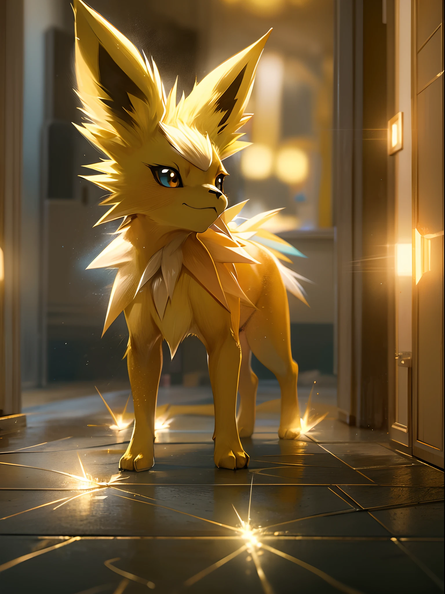 ((a Jolteon pokemon)), (lighting attribute) , small and cute, (gradient eye colors), (bright and clear eye) , golden lighting around ,anime style, depth of field, cinematic lighting, god rays, ray tracing, reflection light, glowing light, from side, close-up, masterpiece, best quality, highres, super detail, anatomically correct, UHD, textured skin