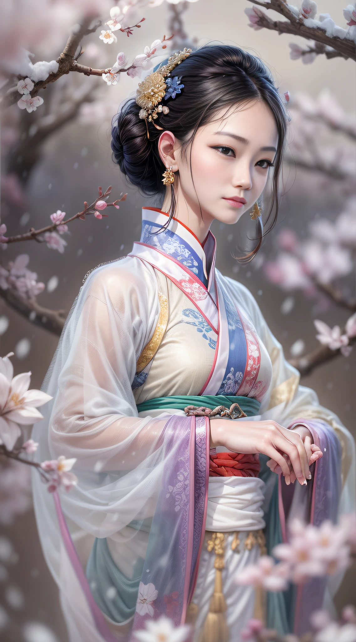 (Blurred foreground:It was snowing heavily:2.0,),(Plum blossoms fall:1.6),(Chinese Song dynasty beauties danced everywhere),(Realistis,realisticlying,anatomy correct,Asian star face,ssmile,The hands and face are very delicate and clear),(Stand in the middle of a quaint courtyard,Plum tree,Song dynasty winter clothing), (wind: 1.5)(wide angles,Ultra HD details,Masterpiece, hyper HD, Super detail, High details, Best quality, A high resolution, Award-Awarded, 8K),(Chinese premium color scheme,lightand shade contrast,电影灯光)