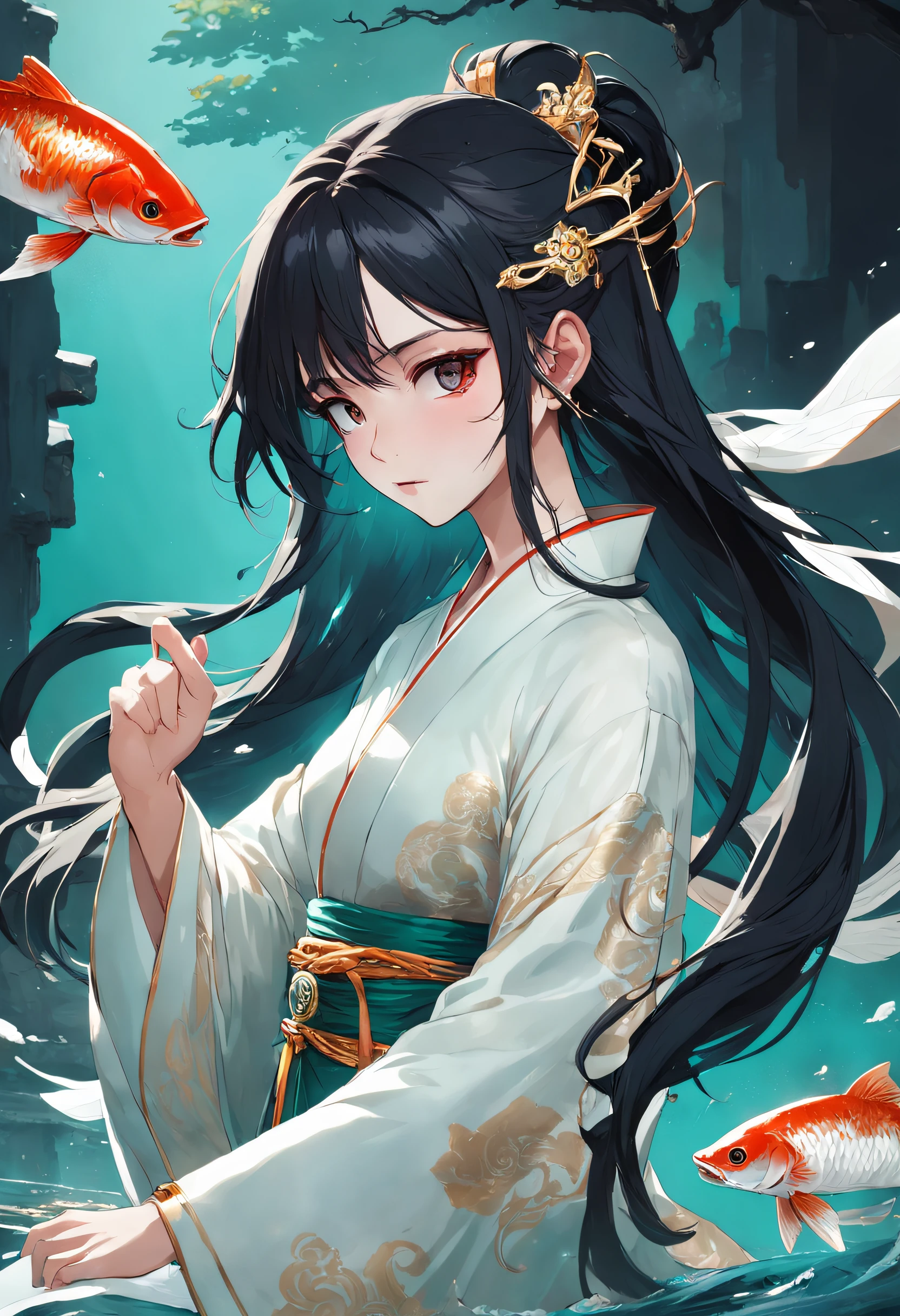 with fair skin,Ancient flying fish set,Ancient Hanfu,Wide robe with large sleeves,Young men,mtu,Prince of Persia,jewely,Bright,long whitr hair,Black hair,Cold white skin,Emerald eyes,Gold-tone waist chain,arm ring,Big breasts Thin waist,Elegant posture,Confucian son,nobles,Bracelet,gyuru,dynamicposes,Dramatic composition,carpets,wounded,Battle damage,bleeding from the corners of her mouth,Chains,Be red in the face,extreme hight detail,High- sharpness