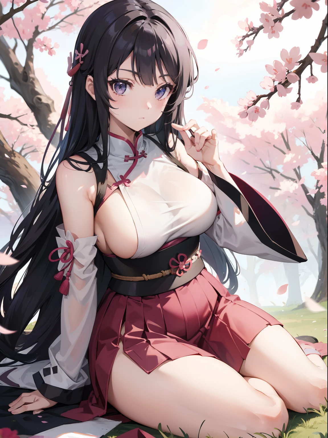 sword, Japanese sword in hand, black long hair , chubby curvy body, medium-large breast, purple eyes, pink sky, grass field background, flowers, Sakura trees, Chinese dress, no sleeves,torn dress, ripped dress in a fight, sitting