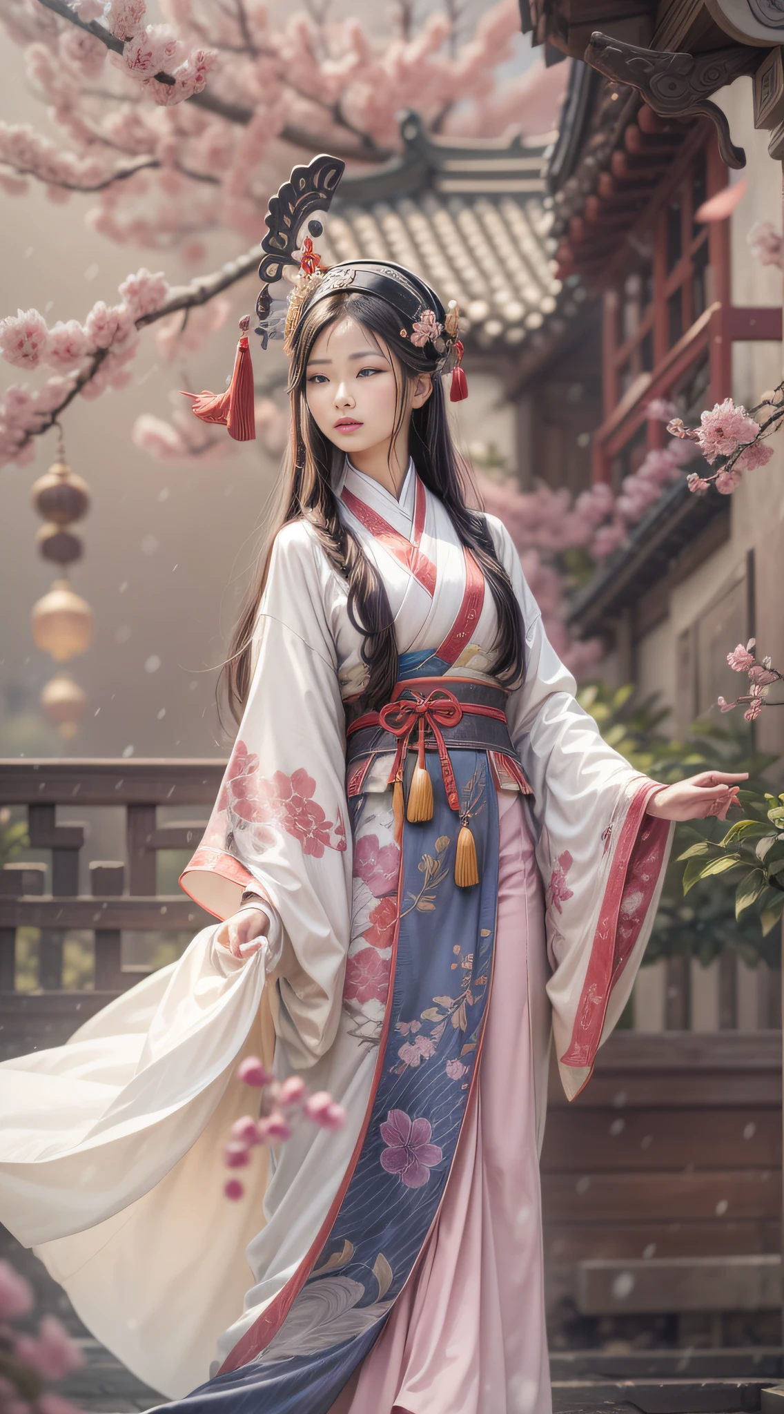 （Blurred foreground：It was snowing heavily：2.0，），（Plum blossoms fall：1.6），（Chinese Song dynasty beauties dance），（Realistis，realisticlying，anatomy correct，Asian star face，ssmile，The hands and face are very delicate and clear），（Stand in the middle of a quaint courtyard，Plum tree，Flowing winter clothes of the Song Dynasty）， (Wind: 1.5)，（wide angles，Ultra HD details，Masterpiece, hyper HD, Super detail, High details, Best quality, A high resolution, Award-Awarded, 8K），（Chinese premium color scheme，lightand shade contrast，电影灯光）