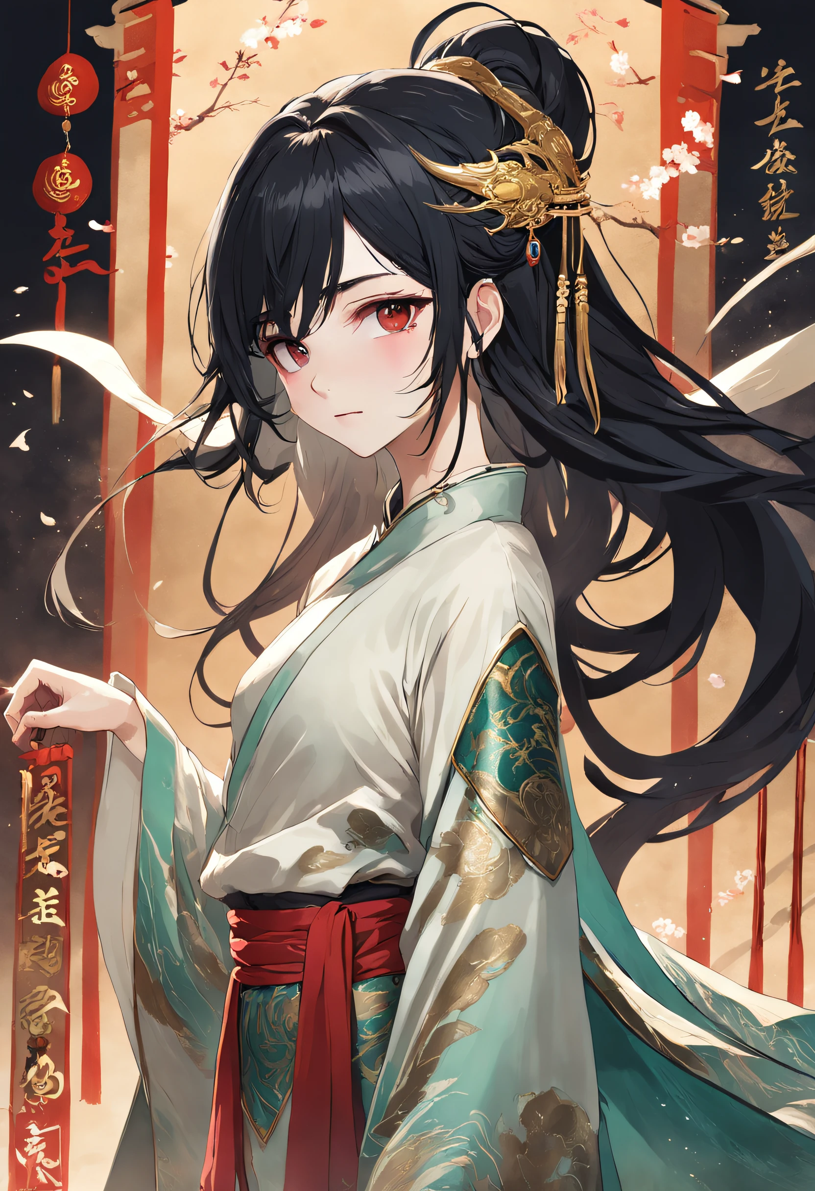 with fair skin，Ancient flying fish set，Ancient Hanfu，Wide robe with large sleeves，Young men，mtu，Prince of Persia，jewely，Bright，long whitr hair，Black hair，Cold white skin，Emerald eyes，Gold-tone waist chain，arm ring，Big breasts Thin waist，Elegant posture，Confucian son，nobles，Bracelet，gyuru，dynamicposes，Dramatic composition，carpets，wounded，Battle damage，bleeding from the corners of her mouth，Chains，Be red in the face，extreme hight detail，High- sharpness