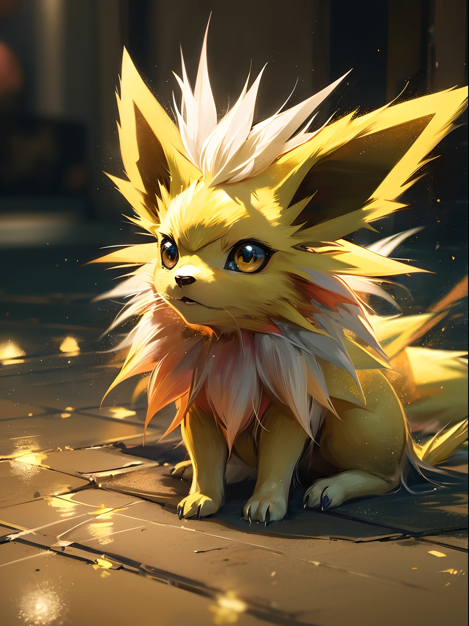 ((a Jolteon pokemon)), (lighting attribute) , small and cute, (gradient eye colors), (bright and clear eye) , golden lighting around ,anime style, depth of field, cinematic lighting, god rays, ray tracing, reflection light, glowing light, from side, close-up, masterpiece, best quality, highres, super detail, anatomically correct, UHD, textured skin