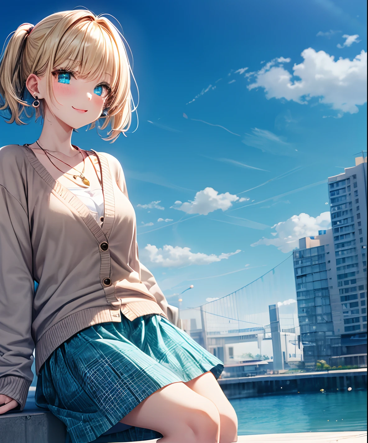 absurderes, (独奏:1.5,)ultra-detailliert,bright colour, extremely beautiful detailed anime face and eyes, view straight on, ;D, shiny_skin,25 years old, Short hair, , asymmetrical bangs, Blonde hair with short twin tails, Shiny hair, Delicate beautiful face, red blush、(Turquoise eyes), White skin, hair clips, earrings, a necklace, Cardigan, Clothes, Brown clothes,skirt by the