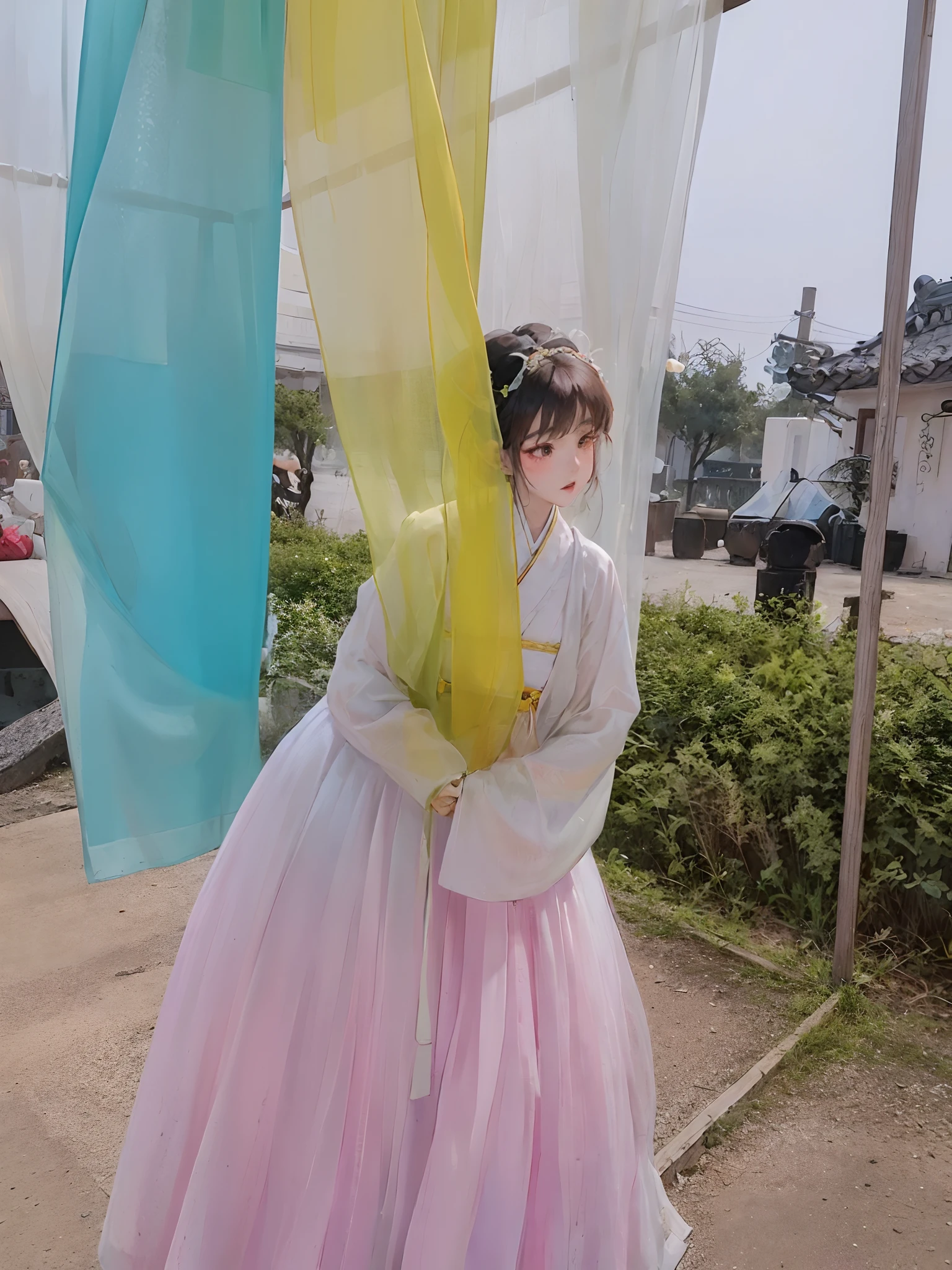 There was a woman in a dress holding a kite, Hanbok, korean hanbok, traditionalcostumes, traditionalcostumes, wearing translucent sheet, traditional tai costume, Wearing traditional attire, hanbok apron, Gorgeous lady, traditional garb, Palace ， A girl in Hanfu, Korean woman, White Hanfu, beautiful lady, Hanfu, 8K))