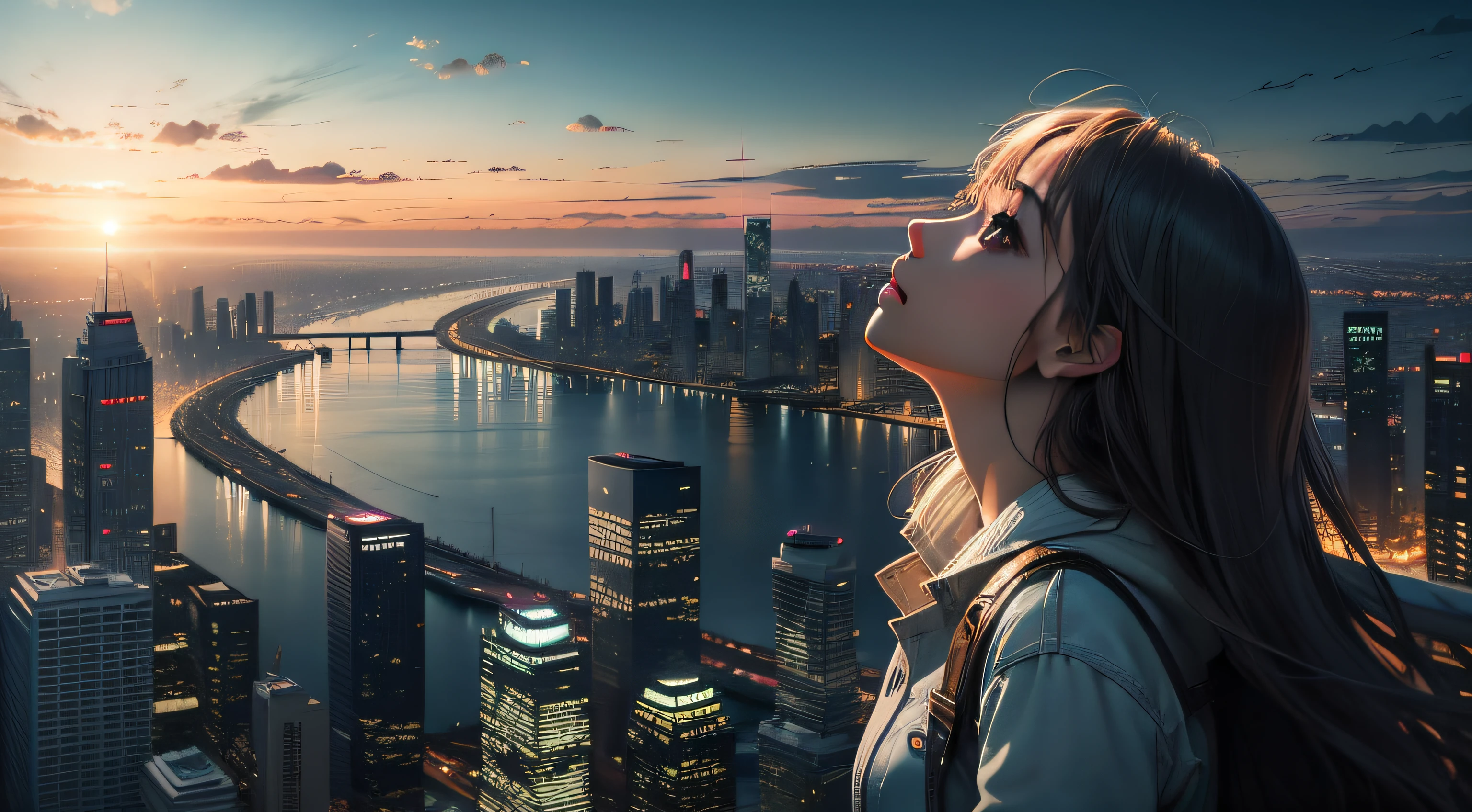 Highest quality horizontal composition, a person looking up at the brilliant city skyline cinematic light