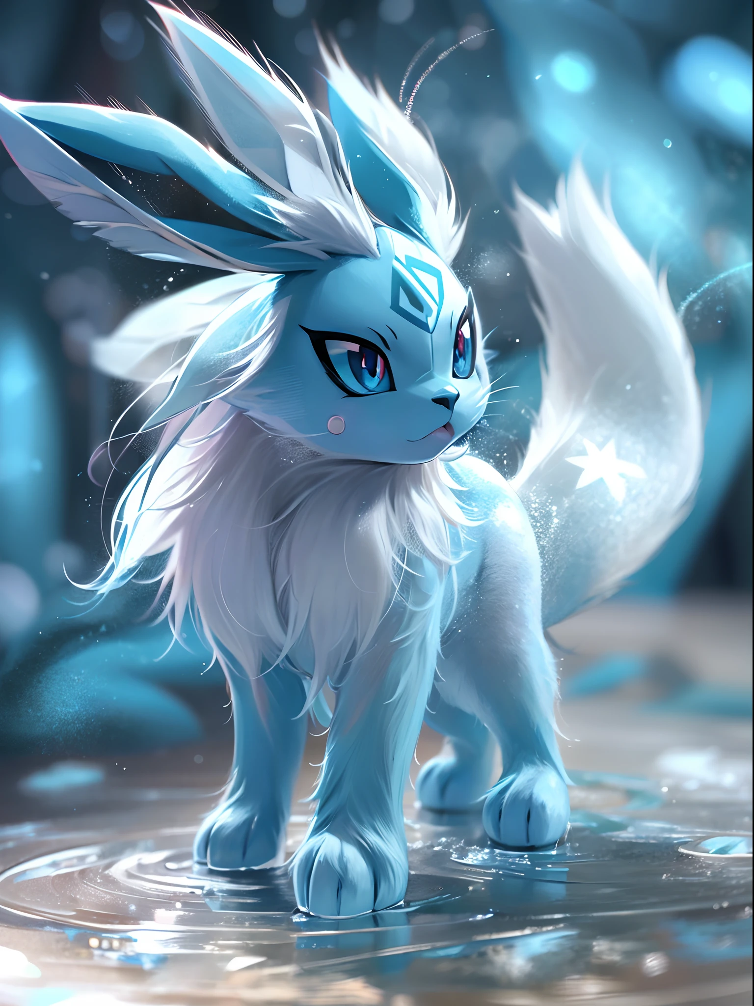 a fantasy rabbit furry character in the forest, con pelaje de color blanco y azul, Noche, volumetric lights, Texturas realistas, con dos colas bastantes peludas,