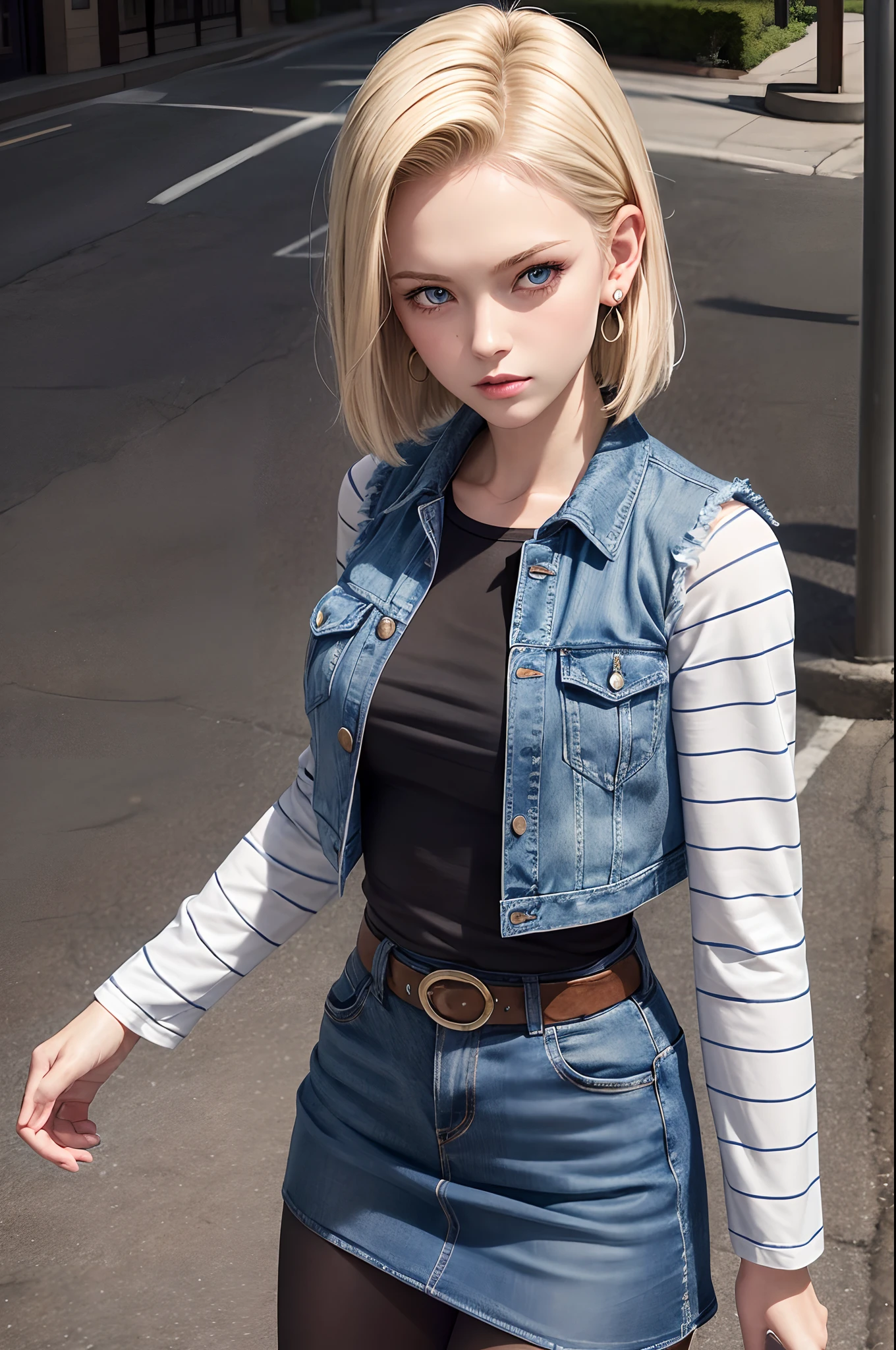 Best Quality, hight resolution, and18, 1girl in, Android 18, Solo, Blonde hair, Blue eyes, Short hair, earrings, Jewelry, Denim Vest, open vest, Black pantyhose, Black shirt, jean skirt, Striped long sleeves, Blue skirt, medium breasts, Cowboy Shot, Street, (Externally expanded Chest: 1.2)