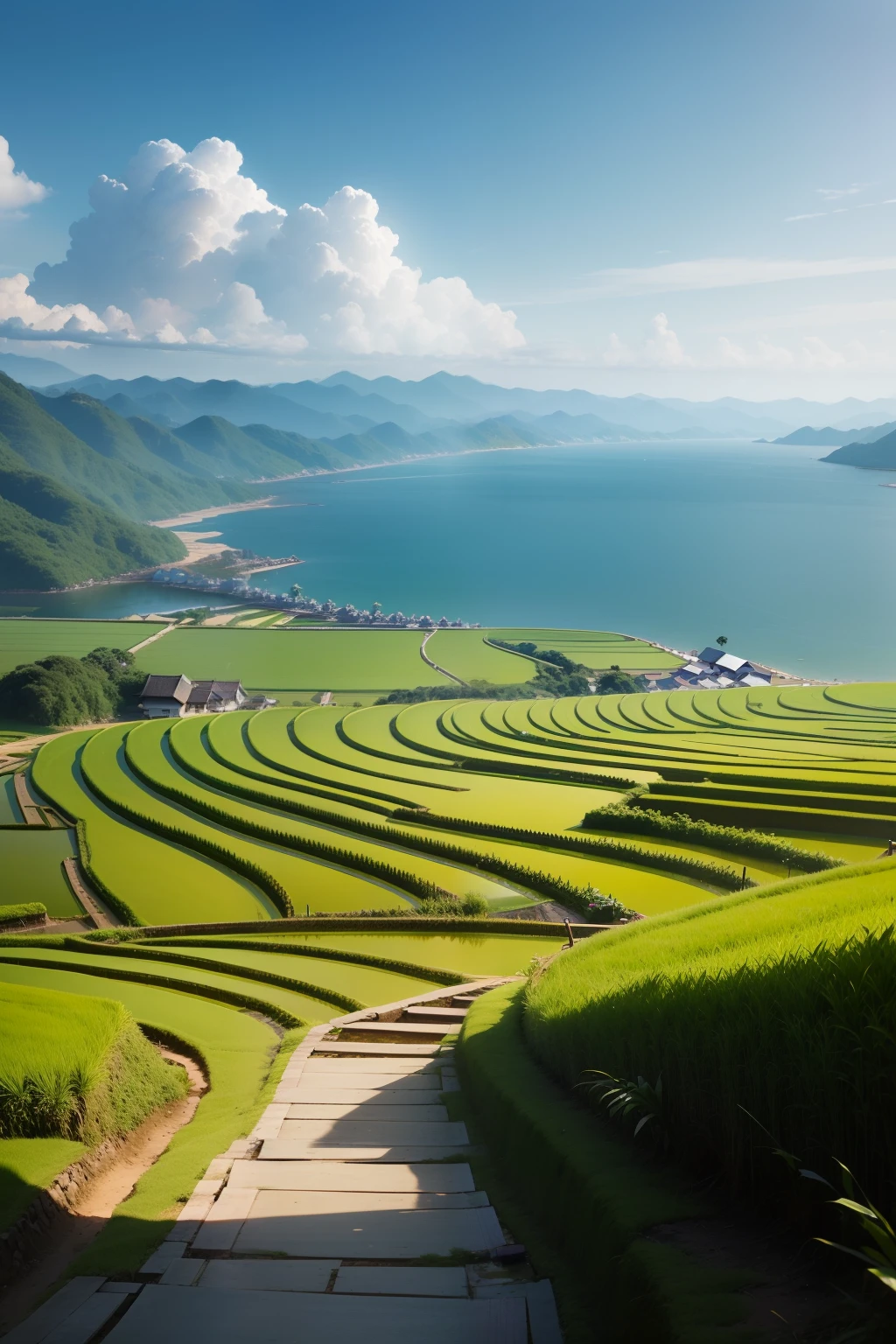 The rice paddies by the sea stretch out to the end，blue open sky，A flat boat on the horizon。