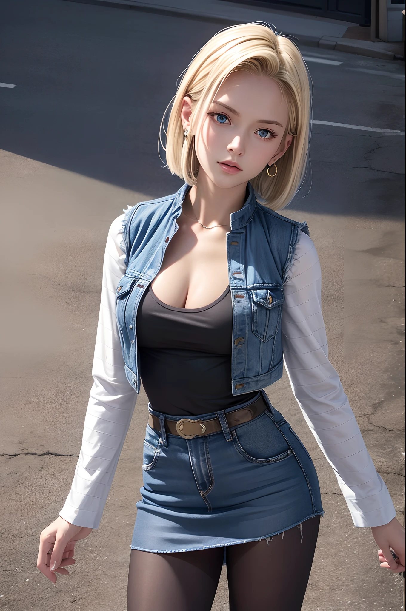 Highest quality, High resolution, AND18, One Girl, Android 18, alone, Blonde, blue eyes, short hair, Earrings, jewelry, Denim dress, Open Vest, Black Pantyhose, Black Shirt, Jeans Skirt, long sleeves with stripes, Blue Skirt, Medium chest, Cowboy Shot, street, (External dilated chest: 1.2)