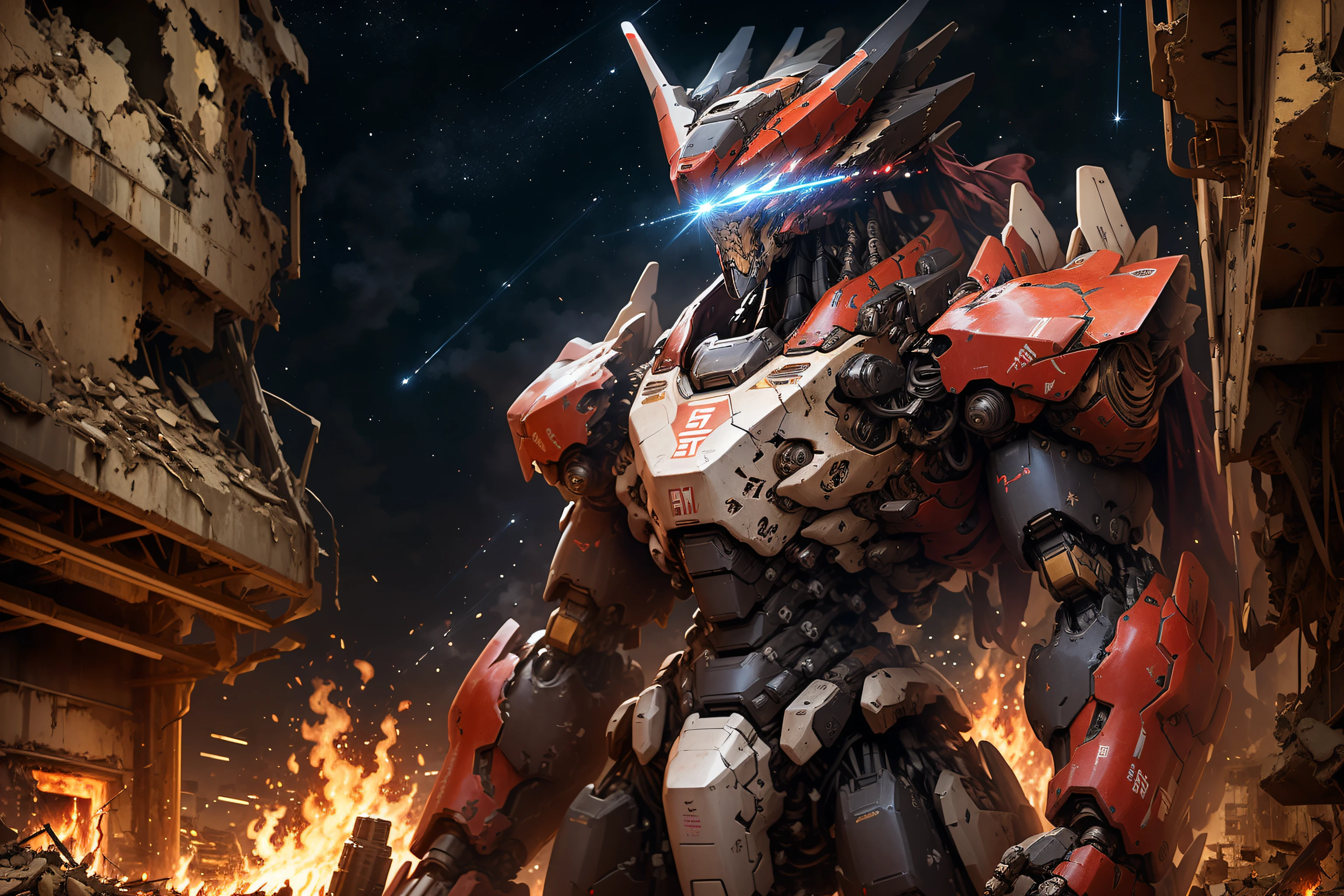 masterpiece, best quality, giant mecha, no humans, black armor, blue eyes, science fiction,  fire, laser canon beam, war, conflict, destroyed building background, (night), dark, no light, starry sky