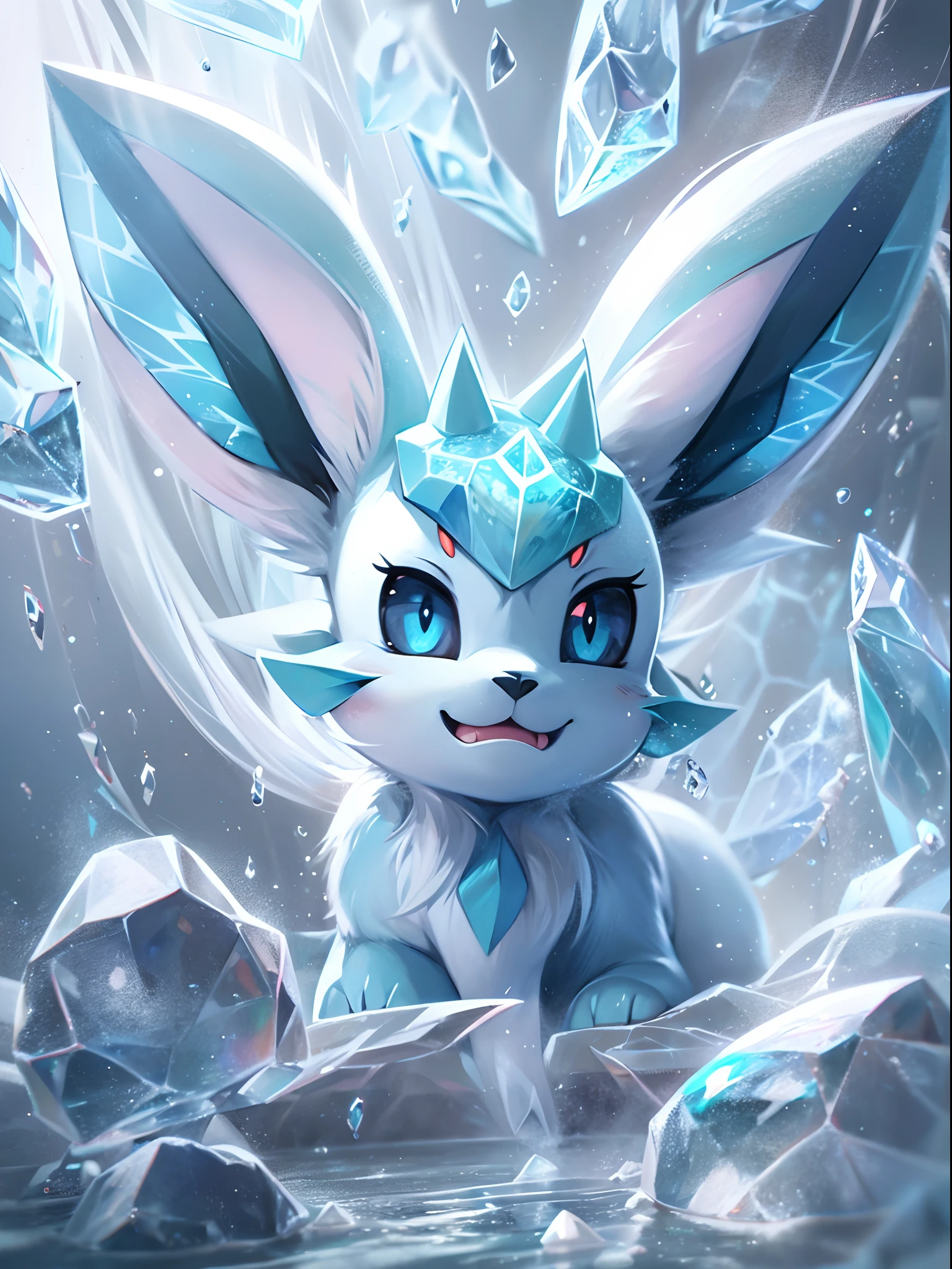 ((a Glaceon pokemon)), (ice and frezon attributes) , small and cute, (gradient eye colors), (bright and clear eye) , ice fog around ,anime style, depth of field, cinematic lighting, god rays, ray tracing, reflection light, glowing light, from side, close-up, masterpiece, best quality, highres, super detail, anatomically correct, UHD, textured skin