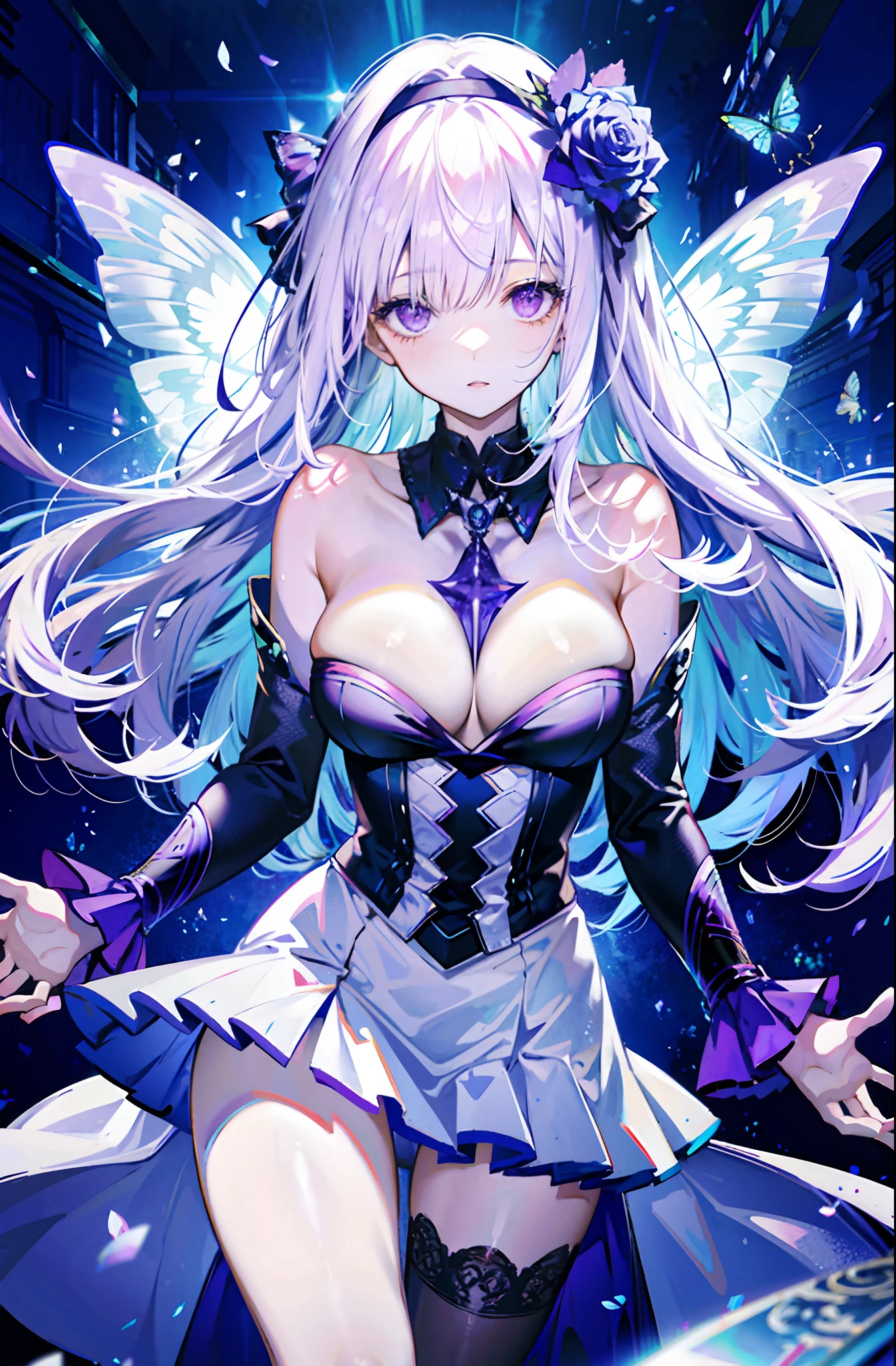 silber hair，butterflys，long whitr hair，8k wallpaper，detailedbackground，Highest high resolution，deep v big breasts，Hair over eyes，Bandeau，Church background，Purple roses，tight-fitting，themoon，stocklings