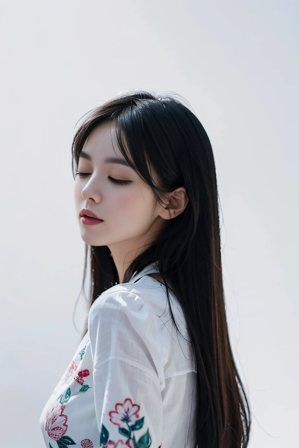 (White background:1.4)，Girl head silhouette，Eyes closed，Long colorful hair，Oriental elements，Chinese illustration:1.3，paper art:1.3，Quilted paper art:1.2，Rational design，Clear lines，High sharpness，Best quality，The is very detailed，tmasterpiece，movie light effect，4K。