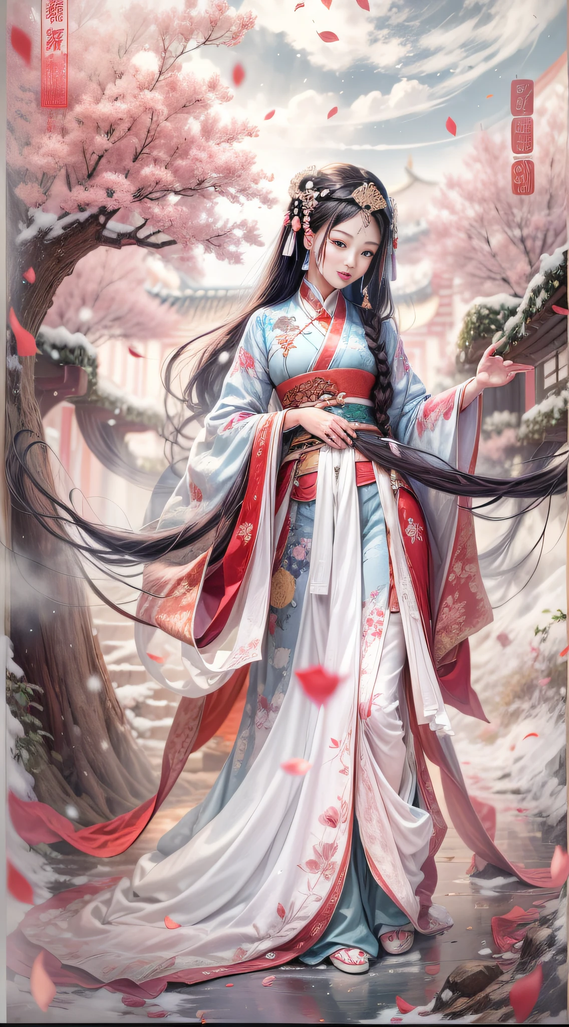 (Blurred foreground:Large snowflakes fell:2.0,),(Plum petals fall:1.6),(Chinese Song dynasty beauties dancing),(Realistis,realisticlying,anatomy correct,Asian star face,ssmile,The hands and face are very delicate and clear),(snow landscape:1.2,Stand in the middle of a quaint courtyard,Plum tree,Flowing winter clothes of the Song Dynasty), (Wind: 1.5),(wide angles,Ultra HD details,Masterpiece, hyper HD, Super detail, High details, Best quality, A high resolution, Award-Awarded, 8K),(Chinese premium color scheme,lightand shade contrast,电影灯光)
