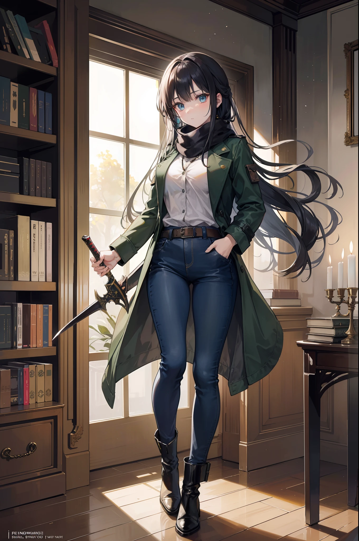 (best quality) (masterpiece)A beautiful young demon hunter. She wears a long trench coat, thick jacket, button down shirt, jeans and long boots. She also wears a long scarf knotted around her neck. He holds a long sword and a large pistol. He is in a library preparing for a night on patrol. The library is large and spacious, there is an old table with a couple of lighted candles and several books.