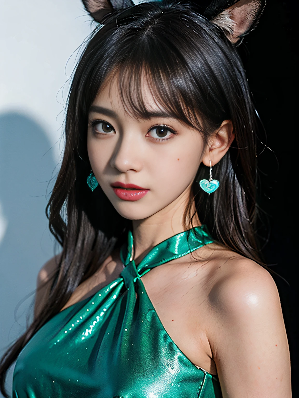 long eyelasher, Ear blush, Fang, Silver hair, hime-cut, double tails, Hairpin, Hair Bow, Moles under eyes, Gradient eyes, aqua eyes, Rabbit ears, Pout, hearts in eyes, shadowing, stereograms, tachi-e, angle of view, Anime style, Verism, Ray tracing, Silhouette, angle of view, Super detail, ccurate, Best quality, A high resolution, Textured skin, High quality, 16k