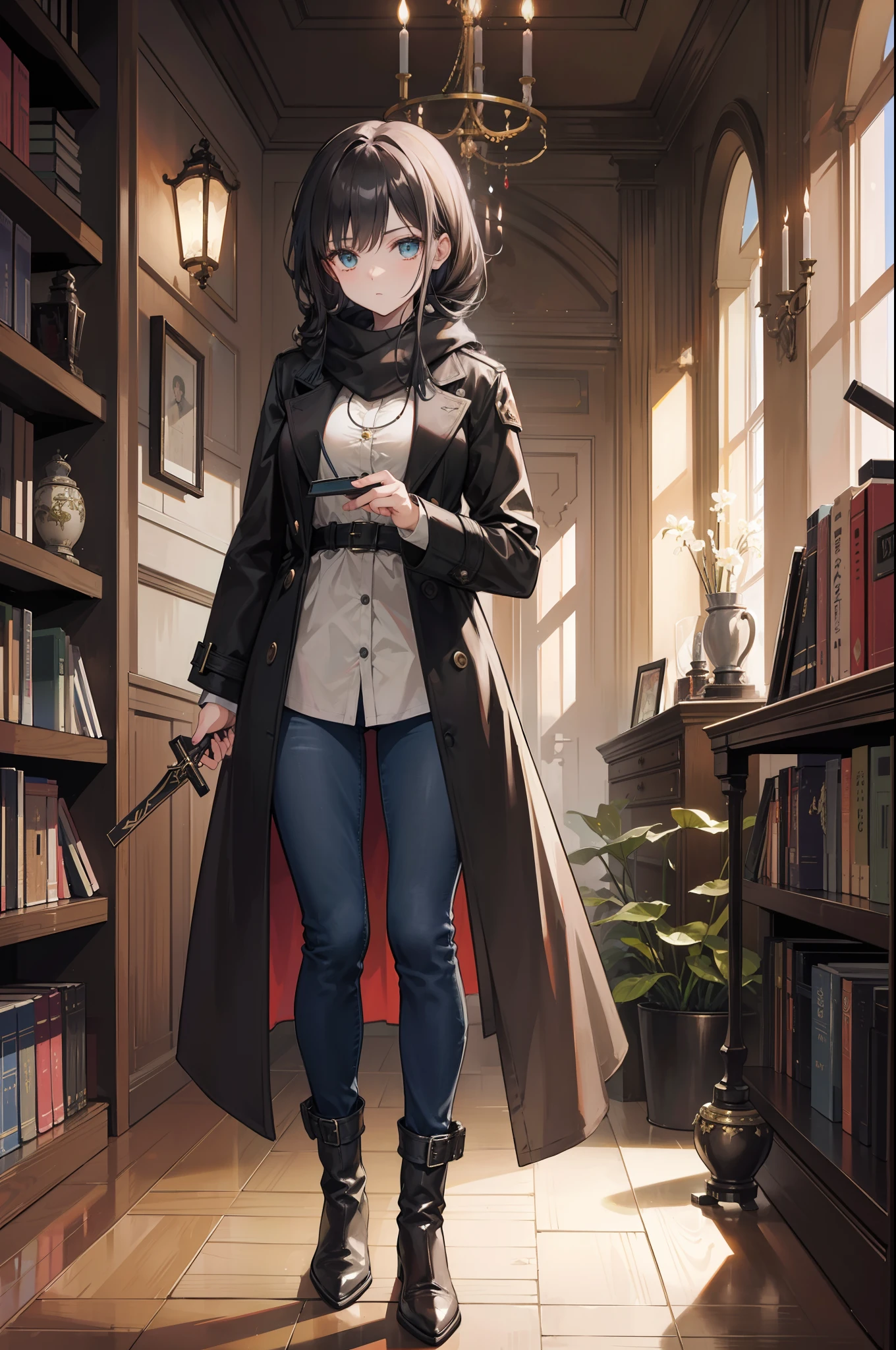 (best quality) (masterpiece)A beautiful young demon hunter. She wears a long trench coat, thick jacket, button down shirt, jeans and long boots. She also wears a long scarf knotted around her neck. He holds a long sword and a large pistol. He is in a library preparing for a night on patrol. The library is large and spacious, there is an old table with a couple of lighted candles and several books.