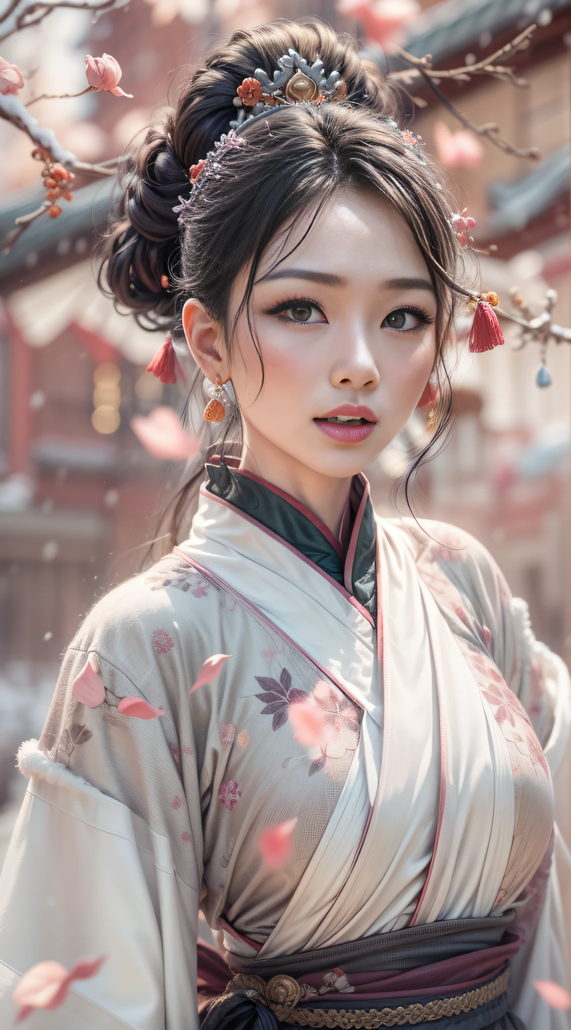 （Blurred foreground：snowflakes falling：2.0，），（Plum petals fall：1.6），（Chinese Song dynasty beauties dancing），（Realistis，realisticlying，??????? correct，Asian star face，ssmile，The fingers and face are very delicate and clear），（snow landscape：1.2，Stand in the middle of a quaint courtyard，Plum tree，Flowing winter clothes of the Song Dynasty）， (Wind: 1.5)，（wide angles，Ultra HD details，Masterpiece, hyper HD, Super detail, High details, Best quality, A high resolution, Award-Awarded, 8K），（Chinese premium color scheme，lightand shade contrast，电影灯光）