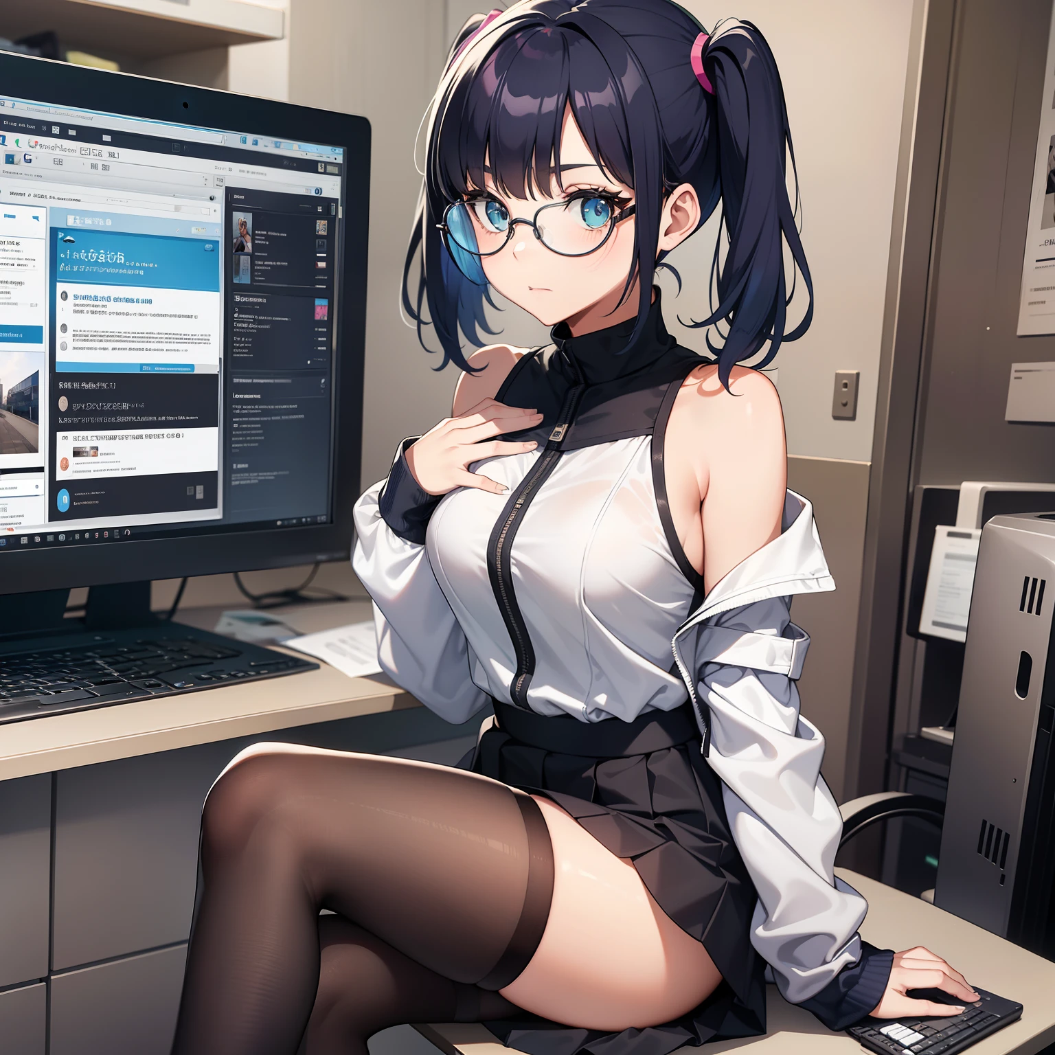 a 25yo woman, Suspicious face, Short blue hair,With two pigtails, greeneyes, Wearing transparent round glasses, Tights and black miniskirt,Absolute Area, Sit down and play your computer, nigh sky,Exposed shoulders