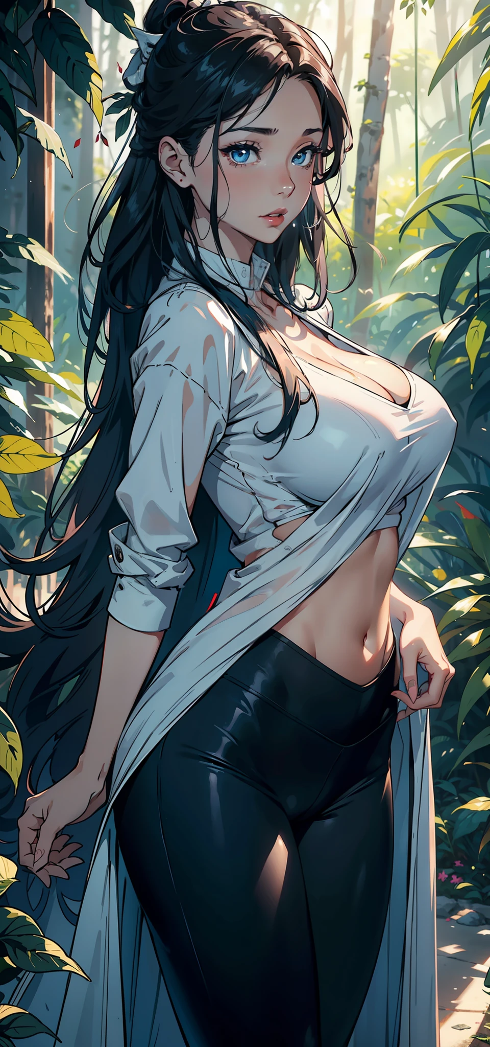 1female,35yo,熟妇,Slim,Tall,gigantic cleavage breasts,Big breasts Thin waist,slenderlegs,Pornographic exposure, 独奏,(Background with:ln the forest,the rainforest,in summer) She has long blue hair,standing on your feet,Sweat profusely,drenched all over the body,seen from the front, hair straight, mostly cloudy sky,(((tmasterpiece),(Very detailed CG unity 8K wallpaper),best qualtiy,cinmatic lighting,detailed back ground,beatiful detailed eyes,Bright pupils,blue color eyes,Redlip(Very fine and beautiful),(Beautiful and detailed eye description),ultra - detailed,tmasterpiece,)),facing at camera,A high resolution,ultra - detailed),revealing breasts,Bare genitalia, Lower body elevation,Raised sexy,Camel toes,Flushed complexion,Open-mouthed,frontage,cow(Wearing:White cloak,black colored leggings,White shirt),