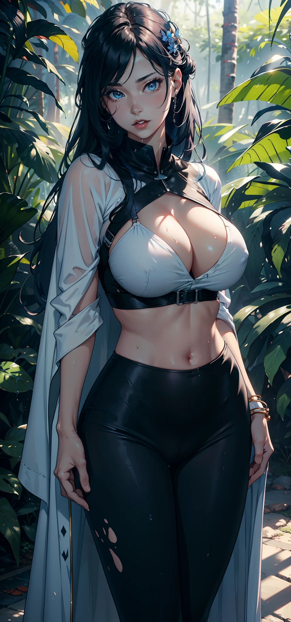 1female,35yo,熟妇,Slim,Tall,gigantic cleavage breasts,Big breasts Thin waist,slenderlegs,Pornographic exposure, 独奏,(Background with:ln the forest,the rainforest,in summer) She has long blue hair,standing on your feet,Sweat profusely,drenched all over the body,seen from the front, hair straight, mostly cloudy sky,(((tmasterpiece),(Very detailed CG unity 8K wallpaper),best qualtiy,cinmatic lighting,detailed back ground,beatiful detailed eyes,Bright pupils,blue color eyes,Redlip(Very fine and beautiful),(Beautiful and detailed eye description),ultra - detailed,tmasterpiece,)),facing at camera,A high resolution,ultra - detailed),revealing breasts,Bare genitalia, Lower body elevation,Raised sexy,Camel toes,Flushed complexion,Open-mouthed,frontage,cow(Wearing:White cloak,black colored leggings,White shirt),