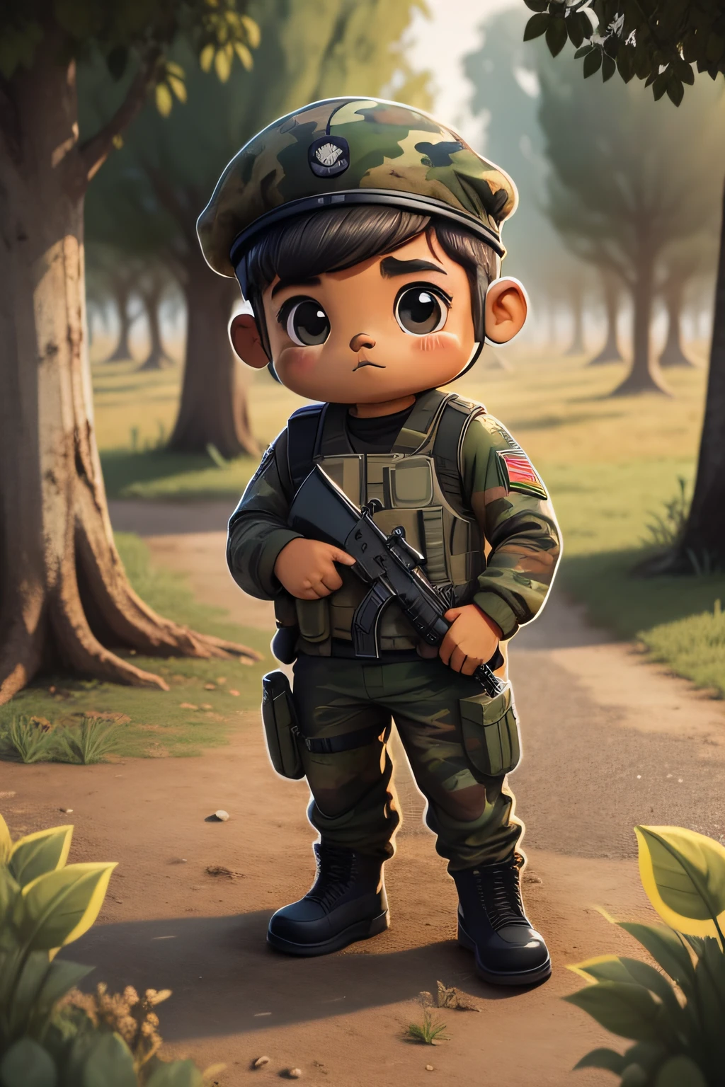 Man in black shirt and camouflage pants standing in a field, vestindo camiseta e combates, soldado robusto, imagem de perfil, security agent, imagem de corpo inteiro, uniforme de camuflagem, em estilo de davey adesida, roupa completa do soldado, against the backdrop of trees, usando camuflagem, foto de perfil, vestindo roupa militar, army, equipamento militar, estilo baby looney tunes