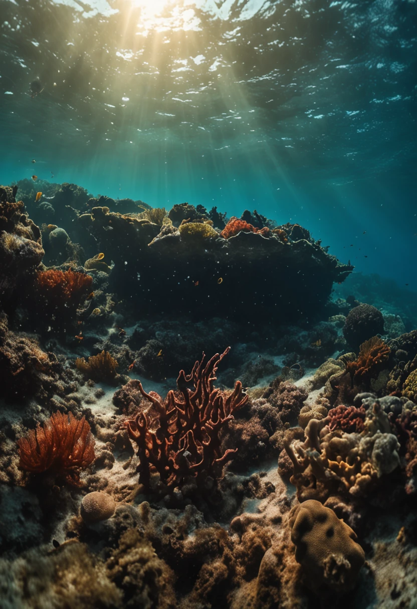 (((show a ANCHOR stuck at the bottom of a DEEP Ocean floor))) shafts of sunlight filtering through the ocean's surface, illuminating the hidden world beneath, create a captivating underwater scene. vertical panorama, Ultra Wide View. UHD, masterpiece, award winning photo, expansive landscape photograph , (a view from below that shows sky above and open ocean below),