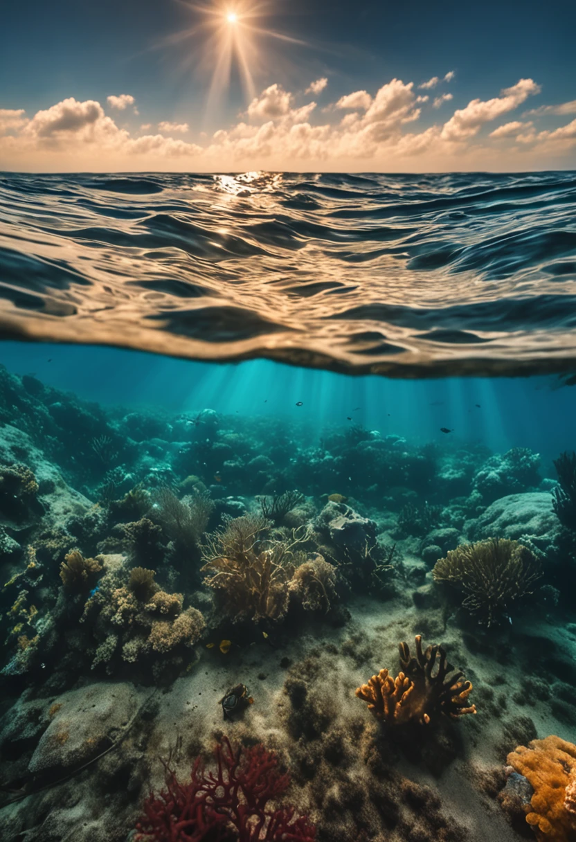 (((show a ANCHOR stuck at the bottom of a DEEP Ocean floor))) shafts of sunlight filtering through the ocean's surface, illuminating the hidden world beneath, create a captivating underwater scene. vertical panorama, Ultra Wide View. UHD, masterpiece, award winning photo, expansive landscape photograph , (a view from below that shows sky above and open ocean below),