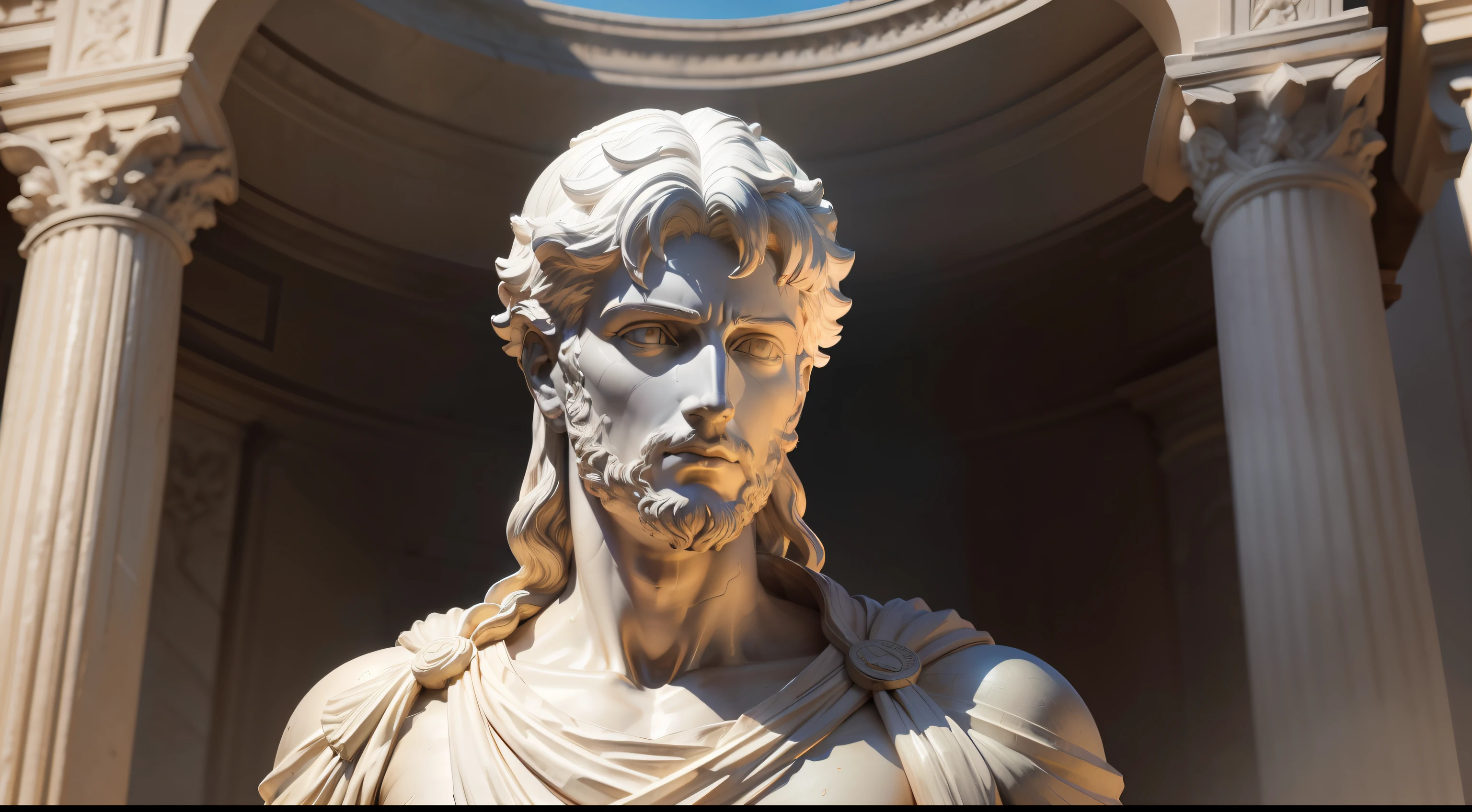 Ancient Greek statue with an angry expression, Environnement sombre, open-air, 35 mm, laterally, extremely detailed, Couleurs à faible saturation avec des tons sombres, Film made on the Sony A7S III with the Sony FE 35mm f/1.8, 12.1 deputy, --ar3:2 --style brut