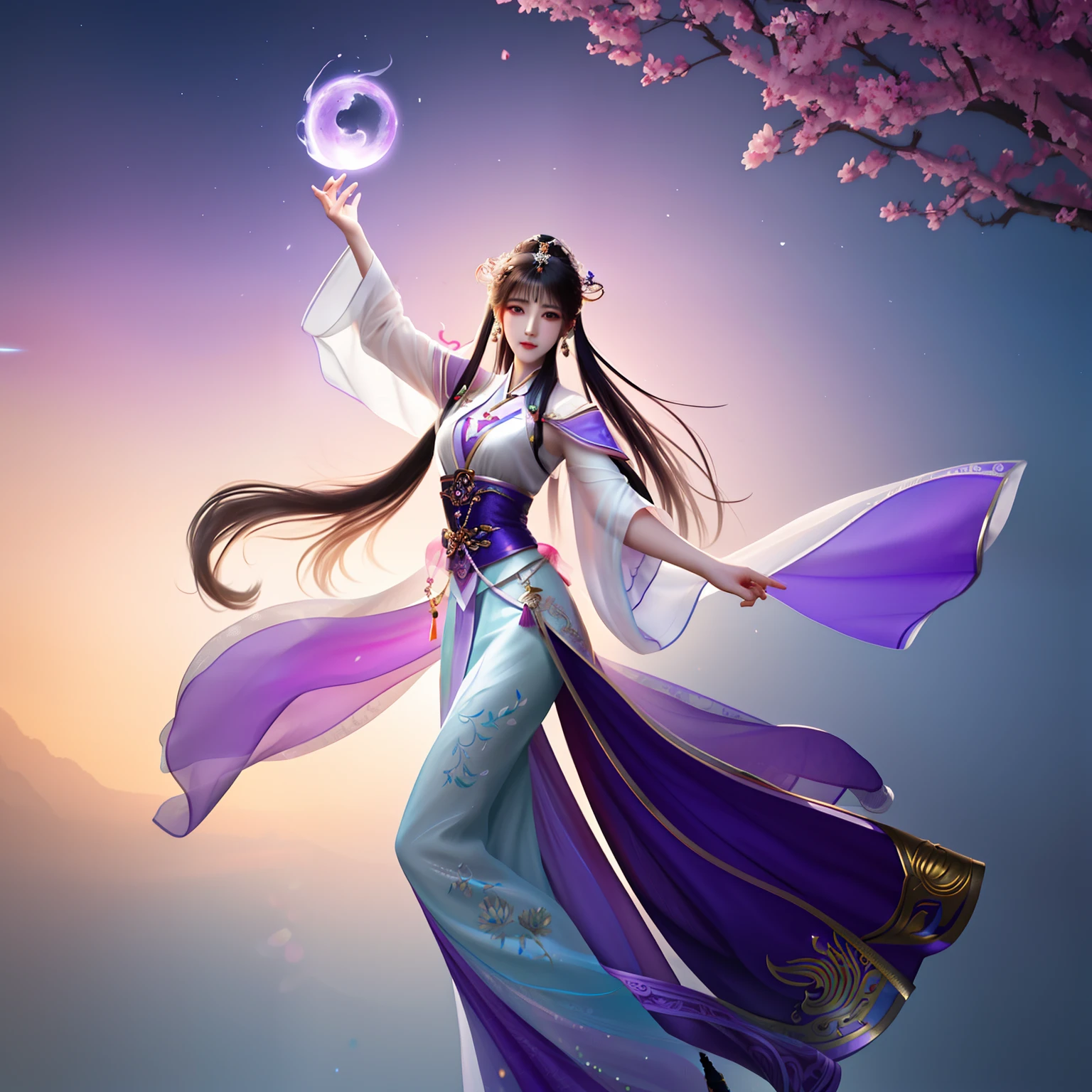 Arad woman posing for photo in white shirt and purple dress, Beautiful character painting, a beautiful fantasy empress, full-body xianxia, inspired by Du Qiong, beautiful and seductive anime woman, by Yang J, Ruan Jia and Artgerm, trending on cgstation, inspired by Chen Yifei, Inspired by Lan Ying