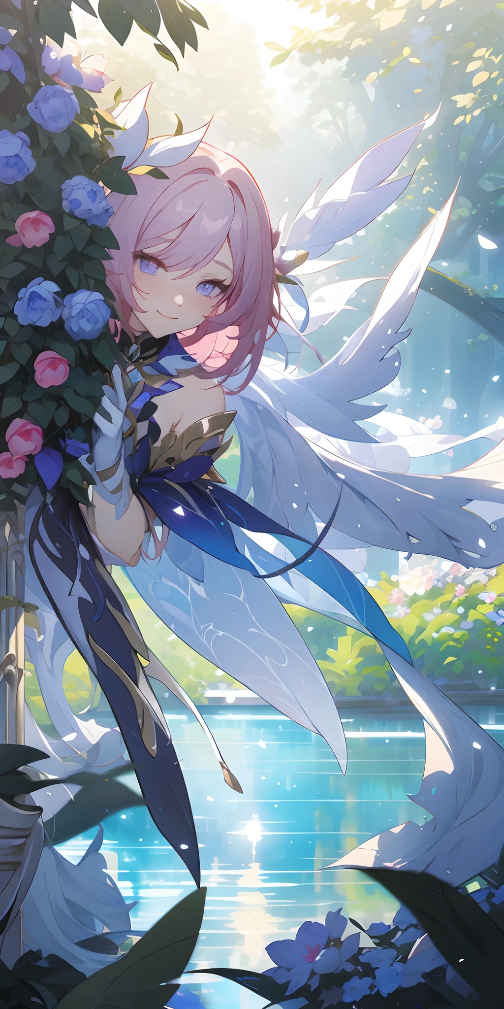 anime girl with pink hair and blue wings holding a flower, trending on artstation pixiv, guweiz on pixiv artstation, beautiful fantasy anime, anime art wallpaper 4k, anime art wallpaper 4 k, detailed key anime art, anime art wallpaper 8 k, zerochan art, detailed digital anime art, guweiz on artstation pixiv