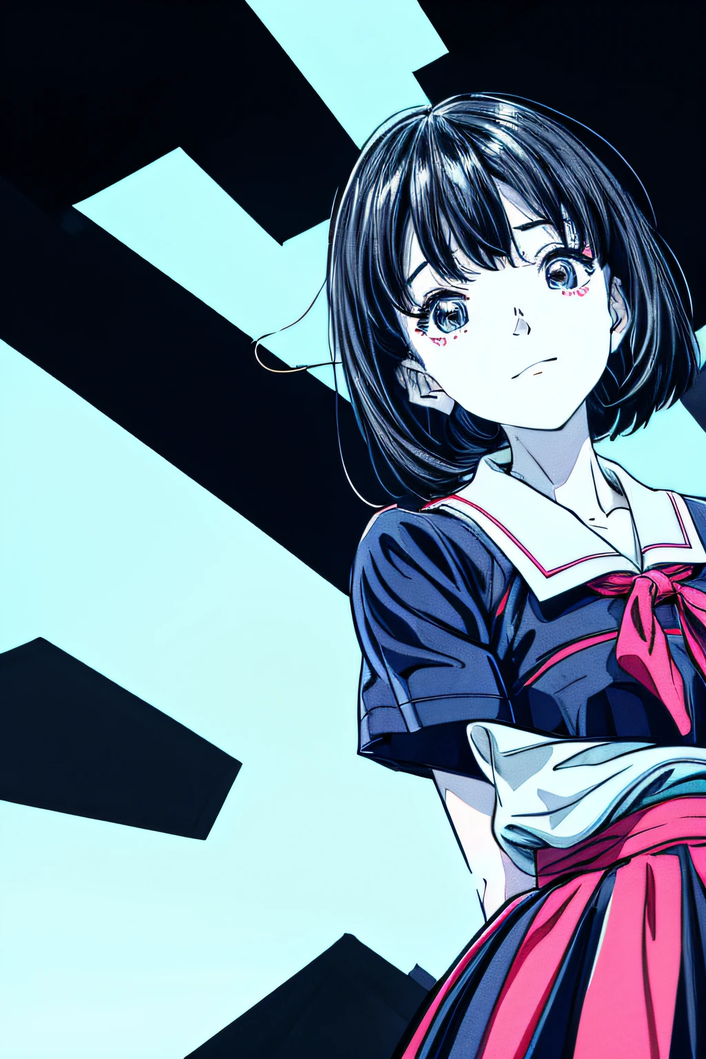 Solo_girl_hi-school girl、japanese hight school uniform,actionpose、cheerfully、Overflowing、ink art、((top-quality、8K、masterpiece:1.3))、(Clear focus:1.2)、(comic book style),(Pop),(linear art_Anime)、(PastelColors:1.2),((monotone_High Contrast Art:1.2))、flat chest、(the complex background:1.2),(Lola:add more details:1.2)、sharp outline、sharp lineart、Urban background、
